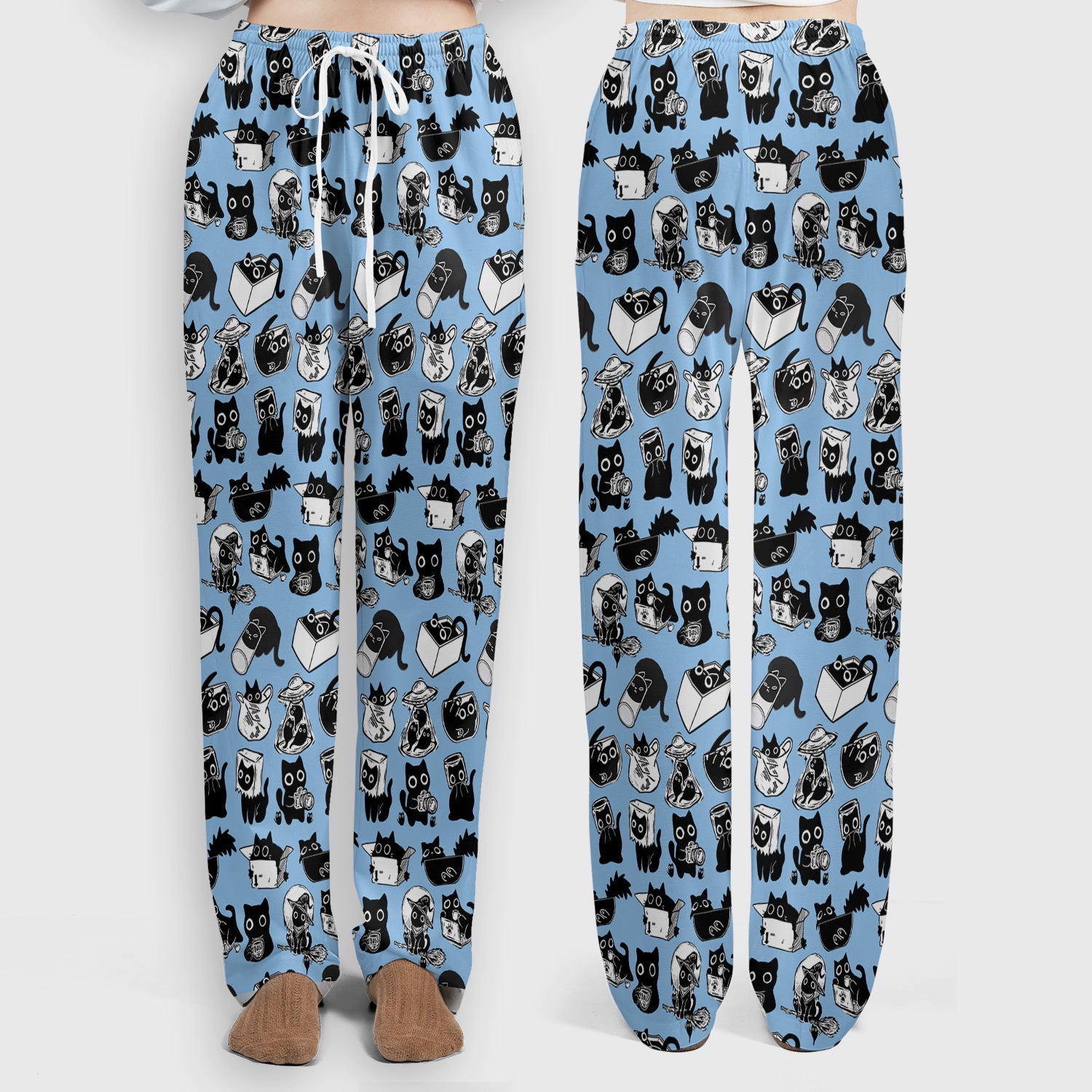 Black Cat Halloween Doodle Pattern Scrub Set, Scrub Pants and V Neck Top