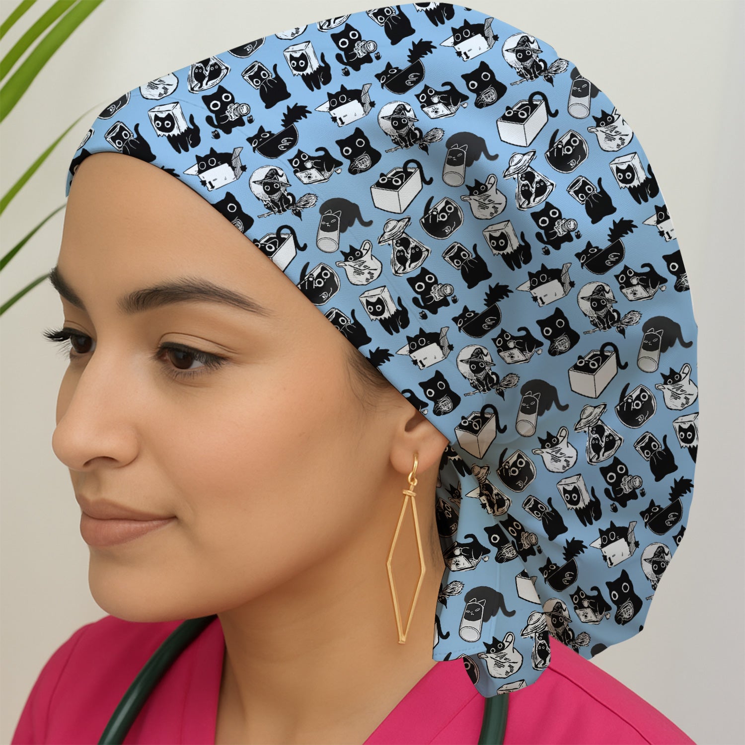 Black Cat Halloween Doodle Pattern Scrub Cap, Surgical Caps for Doctors