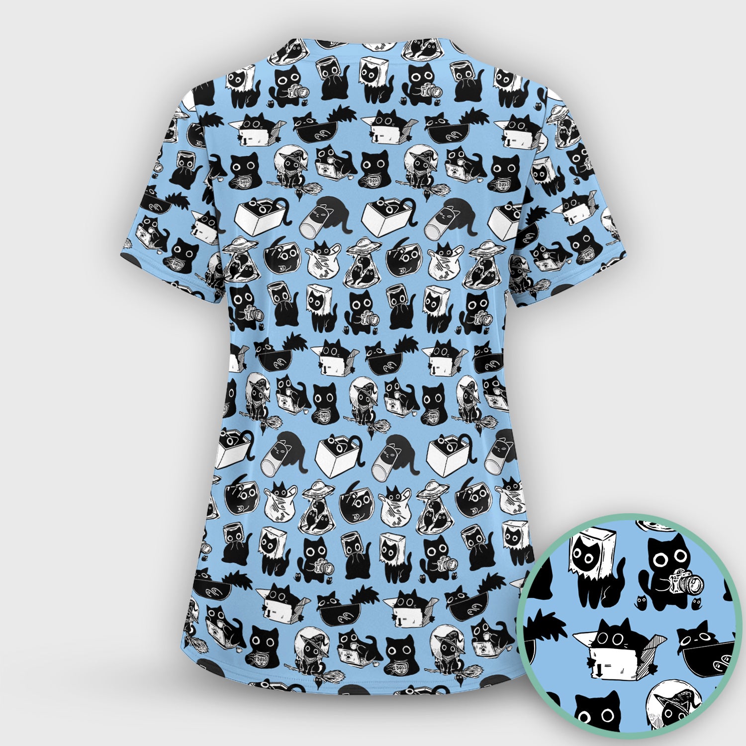 Black Cat Halloween Doodle Pattern Scrub Top, Comfortable Scrubs for Nurses