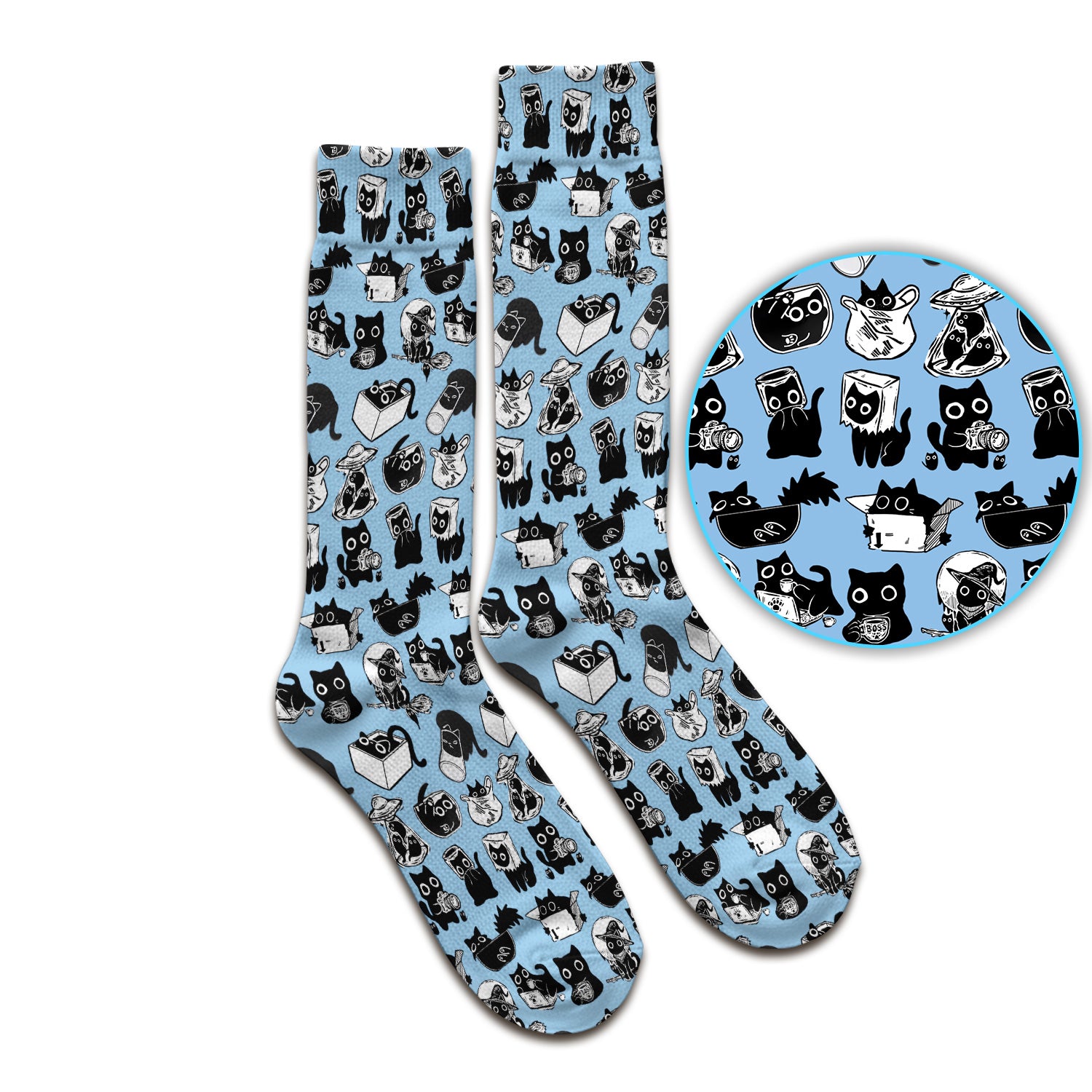 Black Cat Halloween Doodle Pattern Socks, Adult Socks for Men and Women