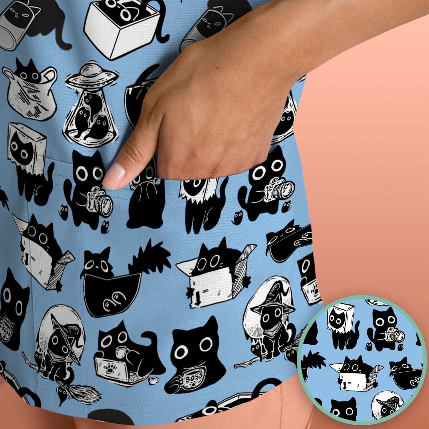 Black Cat Halloween Doodle Pattern Scrub Top, Comfortable Scrubs for Nurses