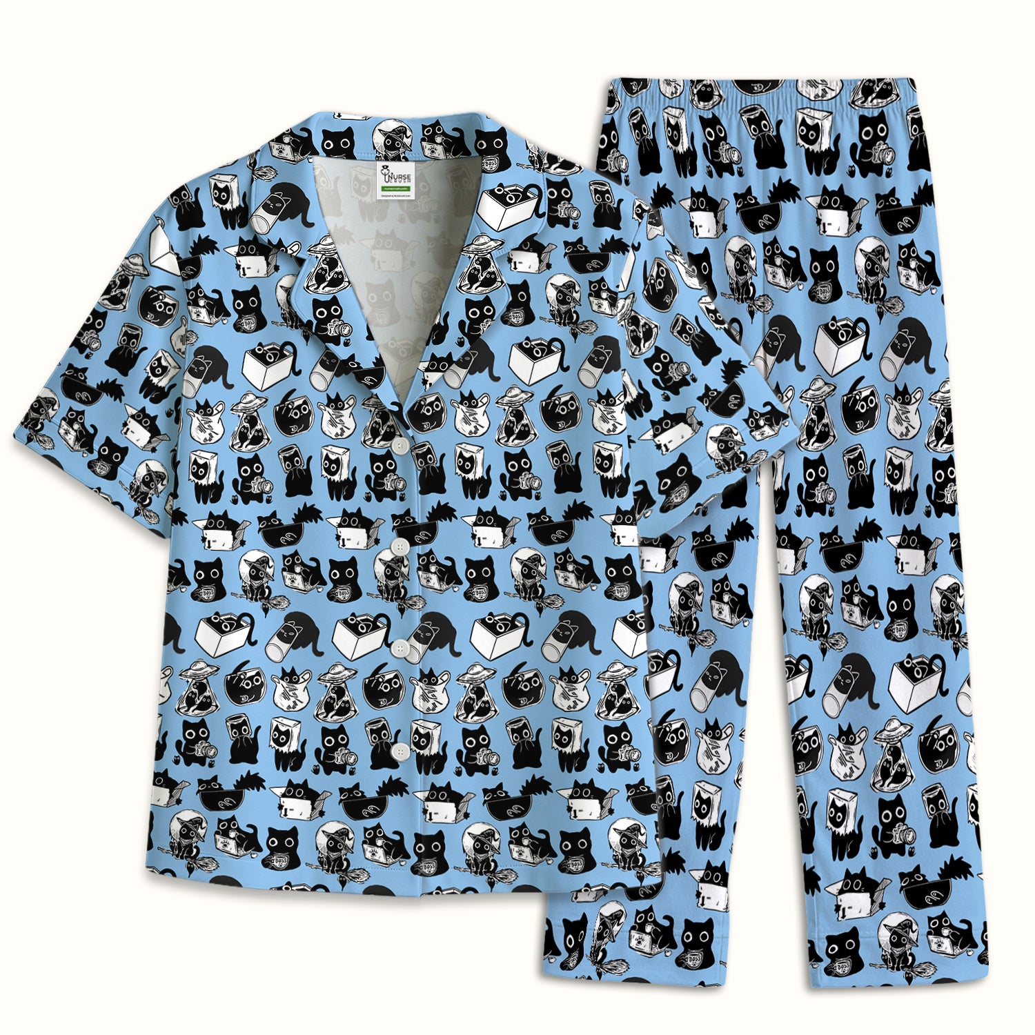Black Cat Halloween Doodle Pattern Pajama Set, Soft Breathable Fabric Comfortable Sleepwear