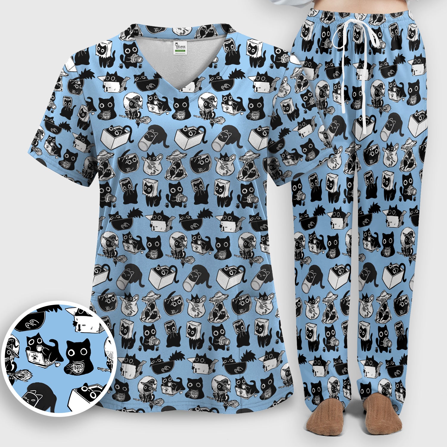 Black Cat Halloween Doodle Pattern Scrub Set, Scrub Pants and V Neck Top