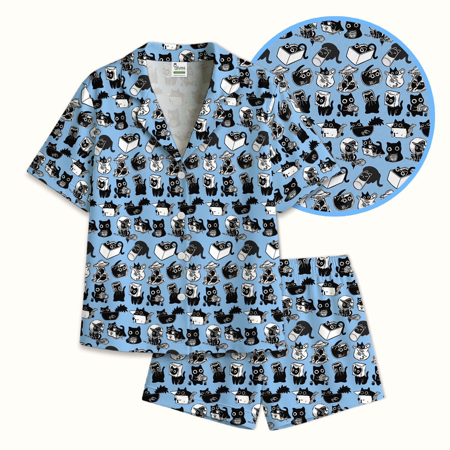 Black Cat Halloween Doodle Pattern Pajama Set, Soft Breathable Fabric Comfortable Sleepwear