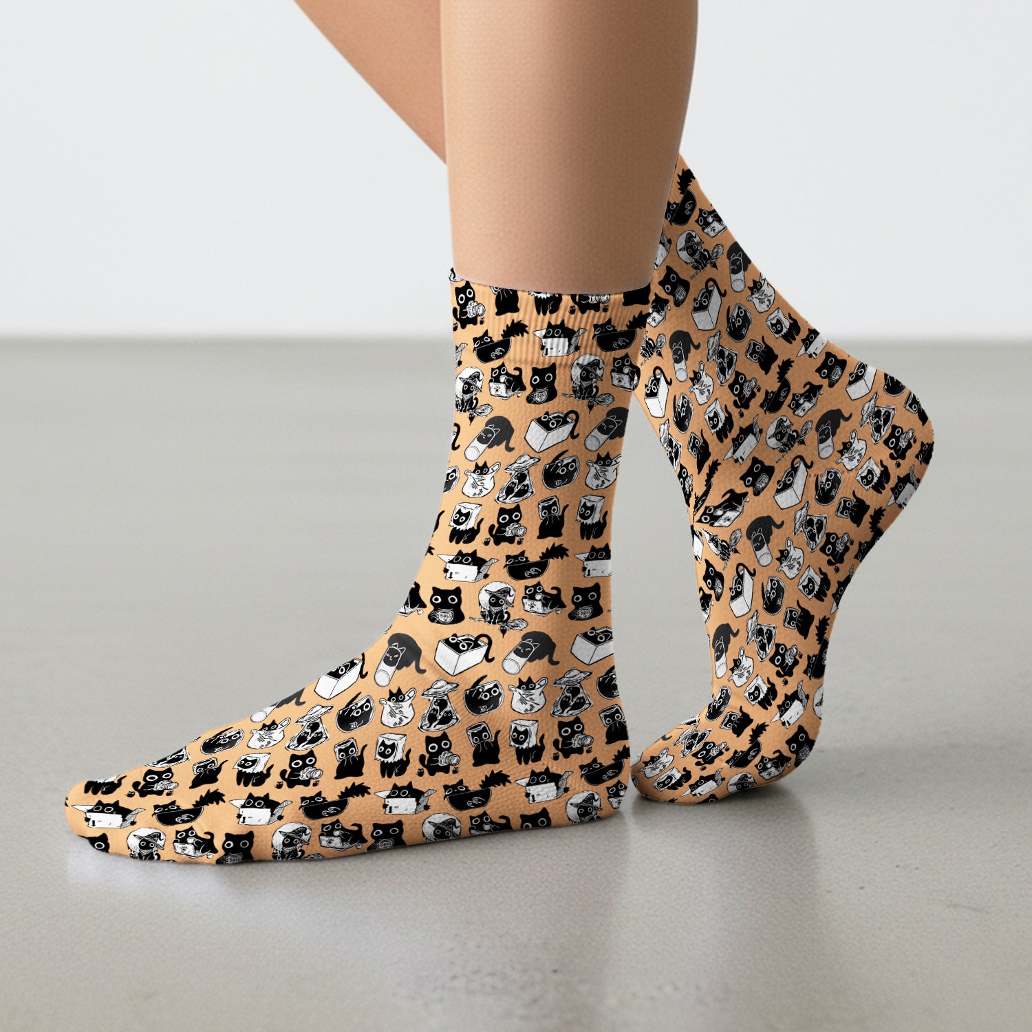 Black Cat Halloween Doodle Pattern Socks, Adult Socks for Men and Women