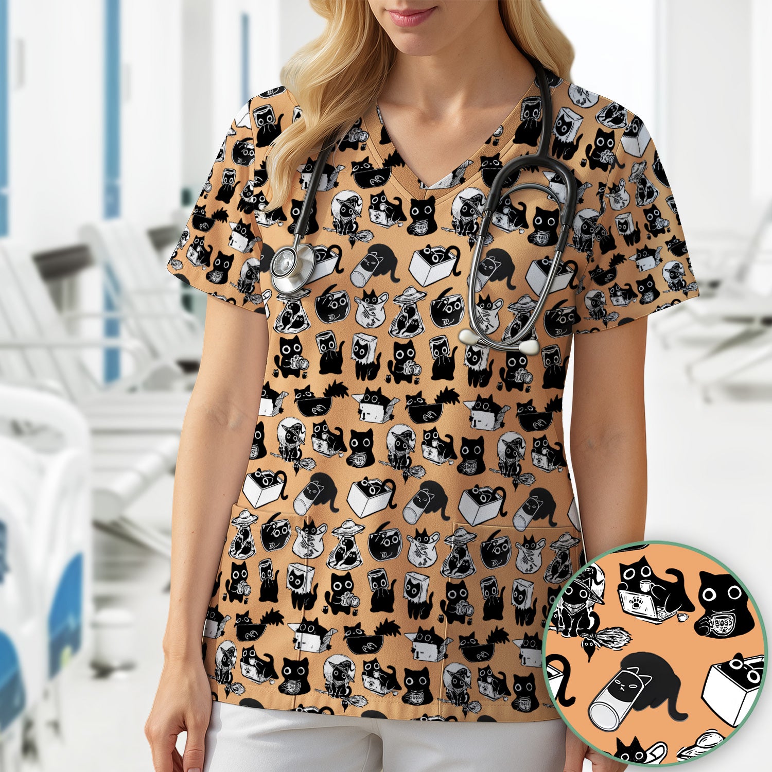 Black Cat Halloween Doodle Pattern Scrub Top, Comfortable Scrubs for Nurses