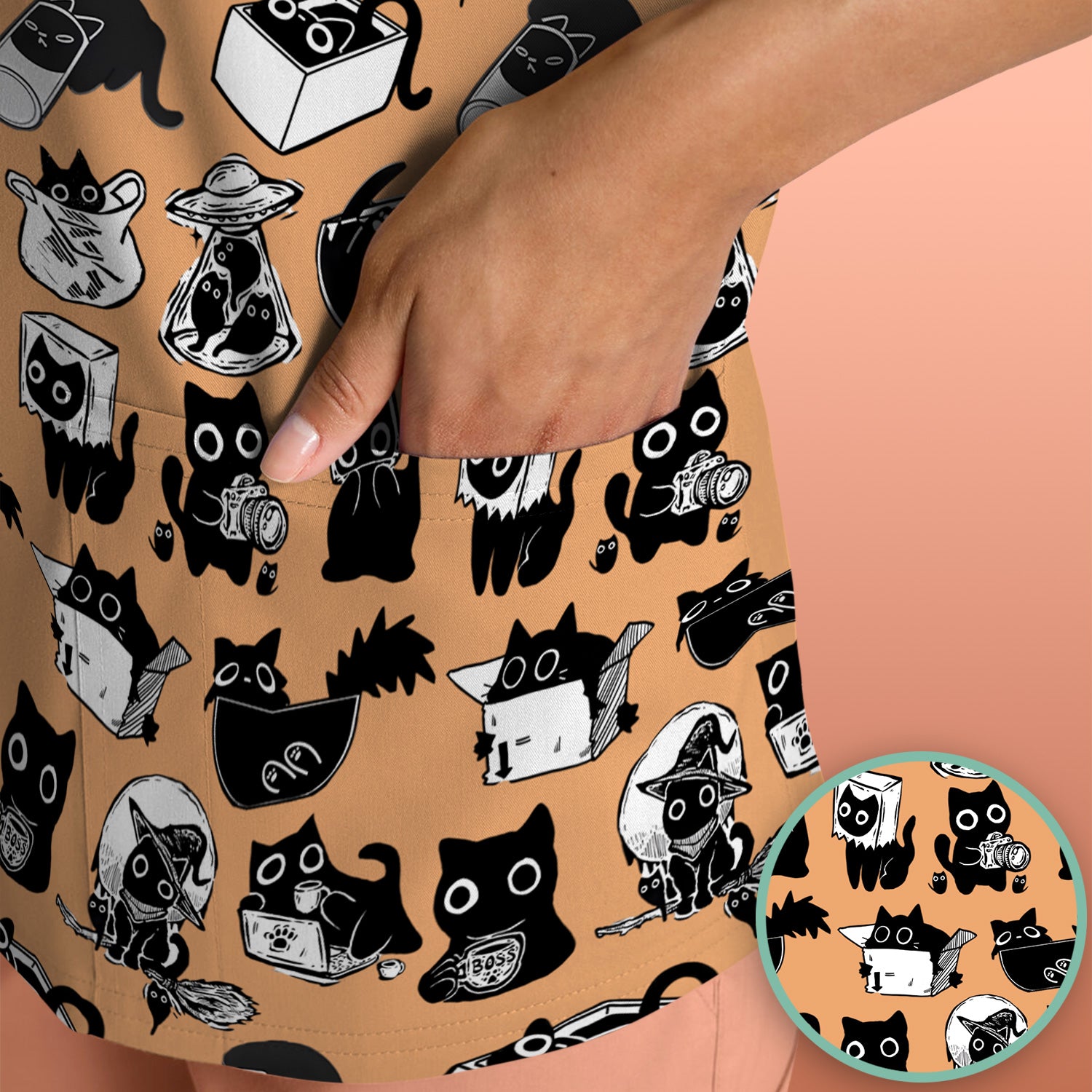 Black Cat Halloween Doodle Pattern Scrub Top, Comfortable Scrubs for Nurses