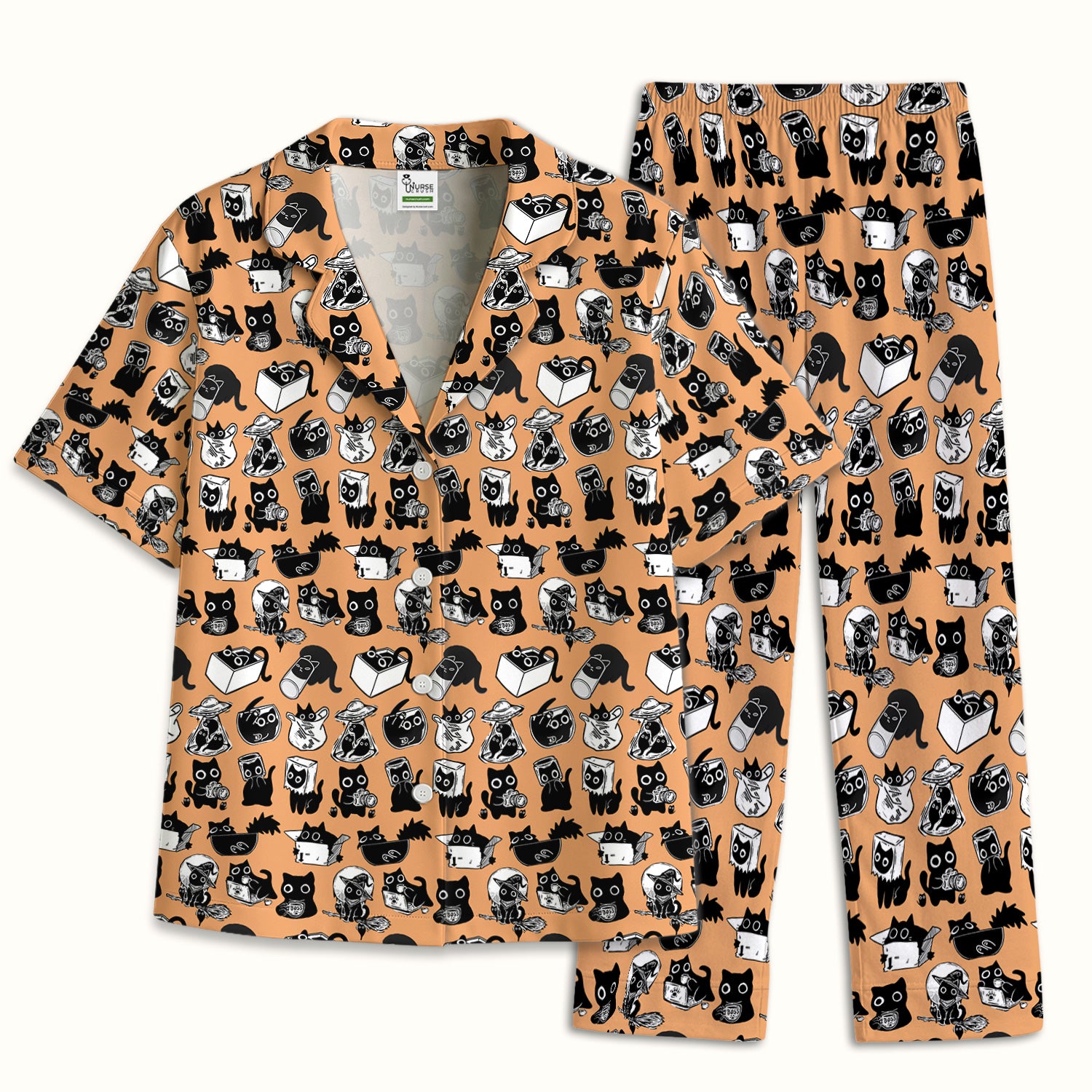 Black Cat Halloween Doodle Pattern Pajama Set, Soft Breathable Fabric Comfortable Sleepwear