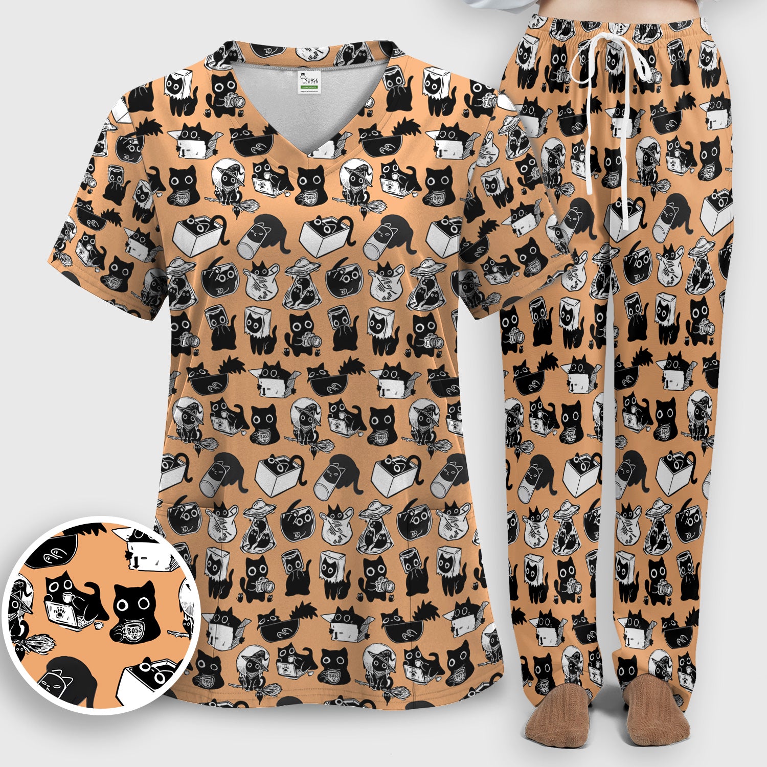 Black Cat Halloween Doodle Pattern Scrub Set, Scrub Pants and V Neck Top