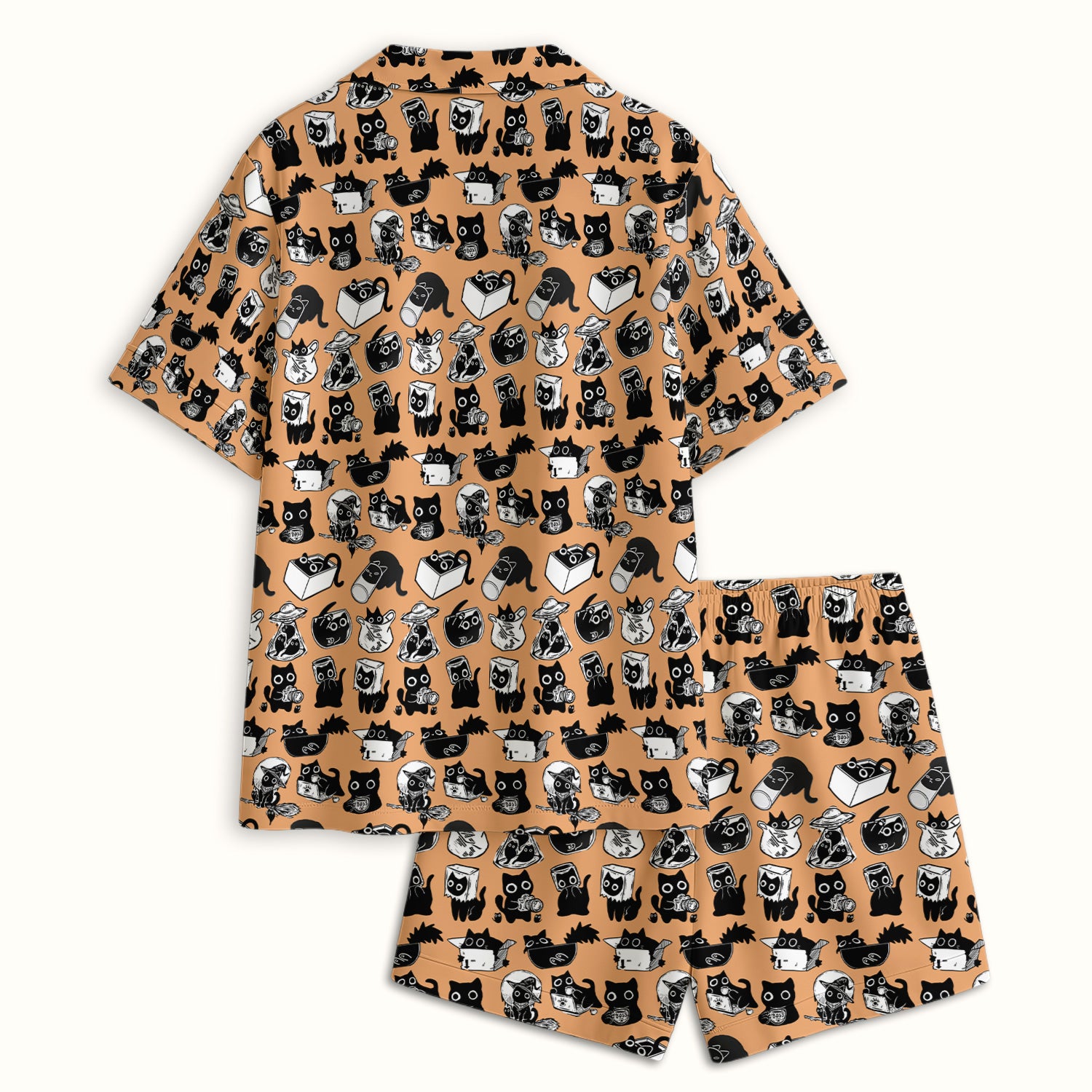 Black Cat Halloween Doodle Pattern Pajama Set, Soft Breathable Fabric Comfortable Sleepwear