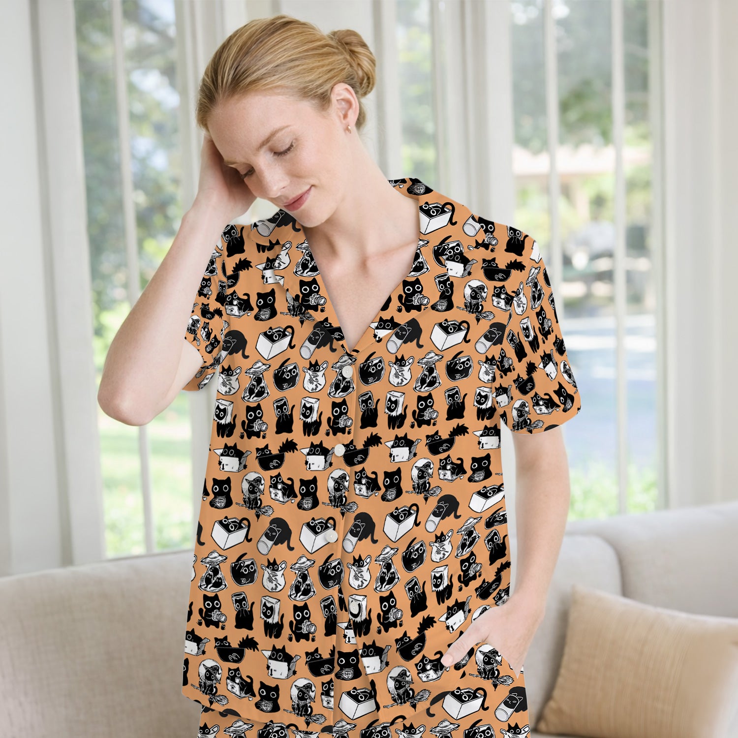 Black Cat Halloween Doodle Pattern Pajama Set, Soft Breathable Fabric Comfortable Sleepwear