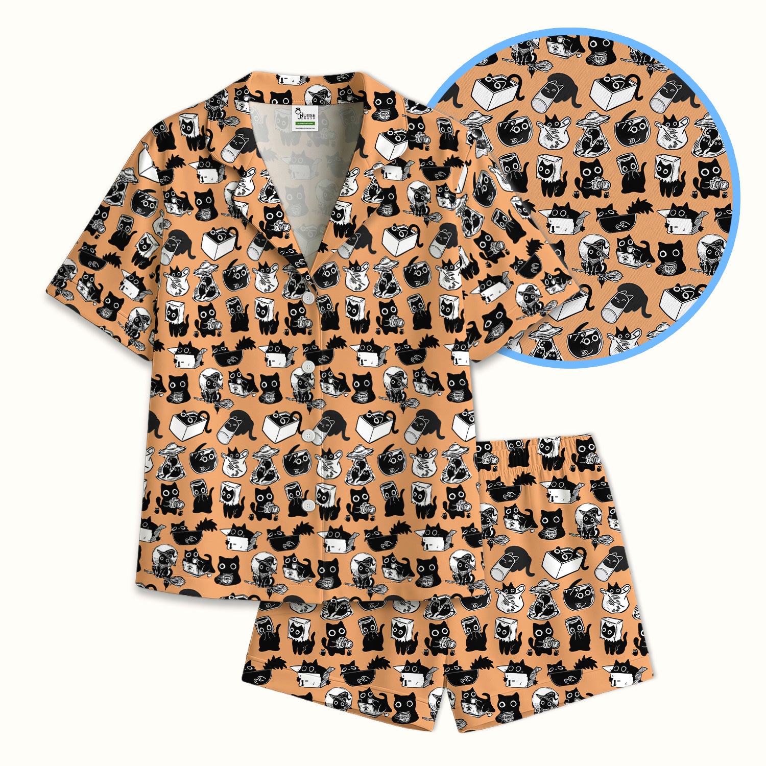 Black Cat Halloween Doodle Pattern Pajama Set, Soft Breathable Fabric Comfortable Sleepwear
