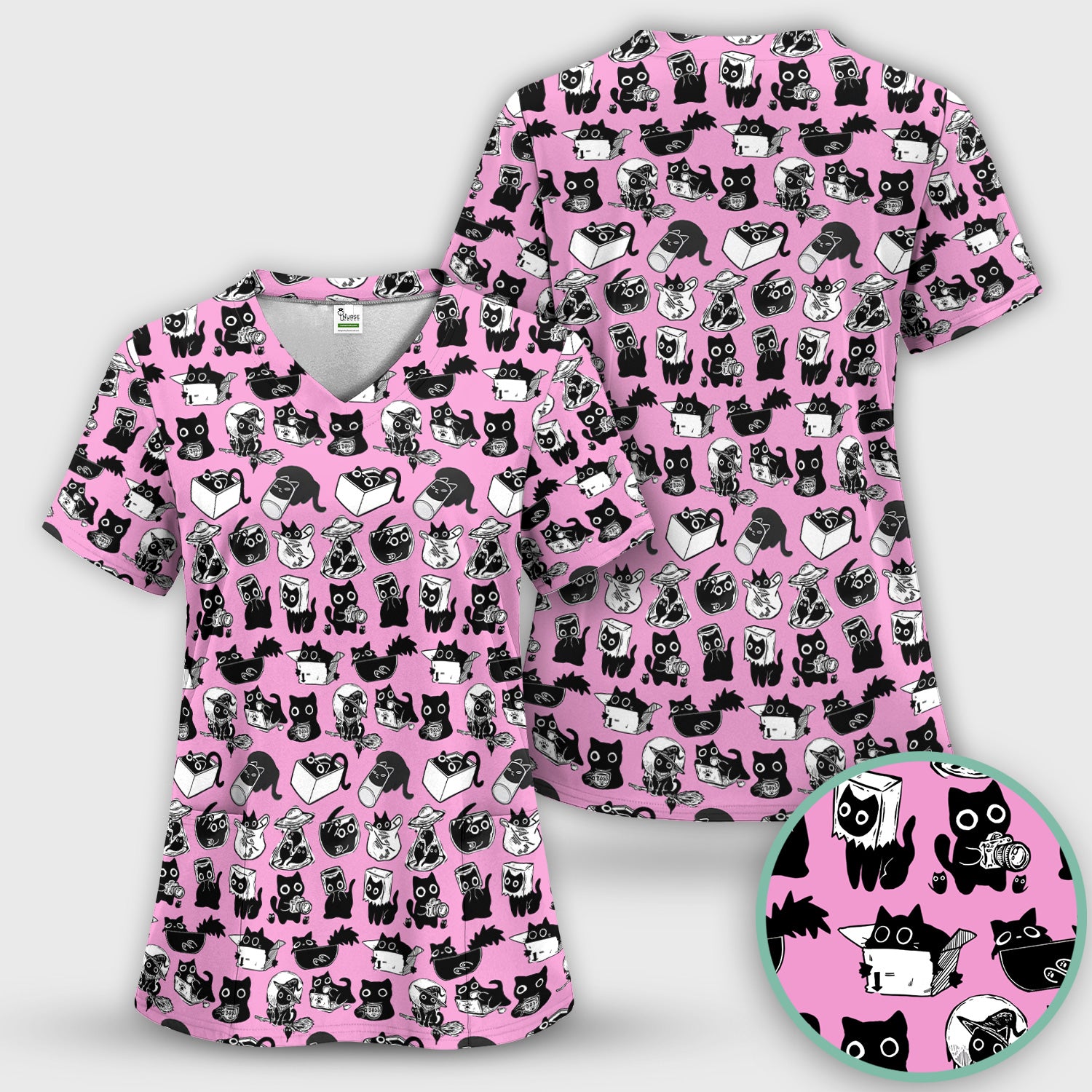 Black Cat Halloween Doodle Pattern Scrub Top, Comfortable Scrubs for Nurses