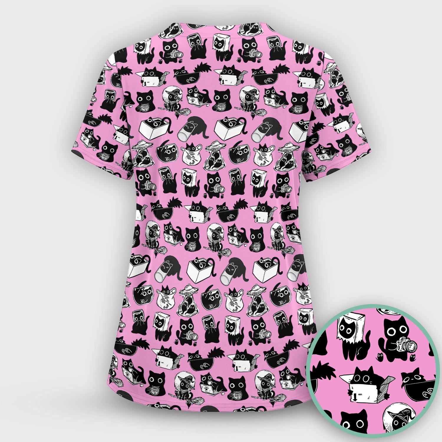Black Cat Halloween Doodle Pattern Scrub Top, Comfortable Scrubs for Nurses
