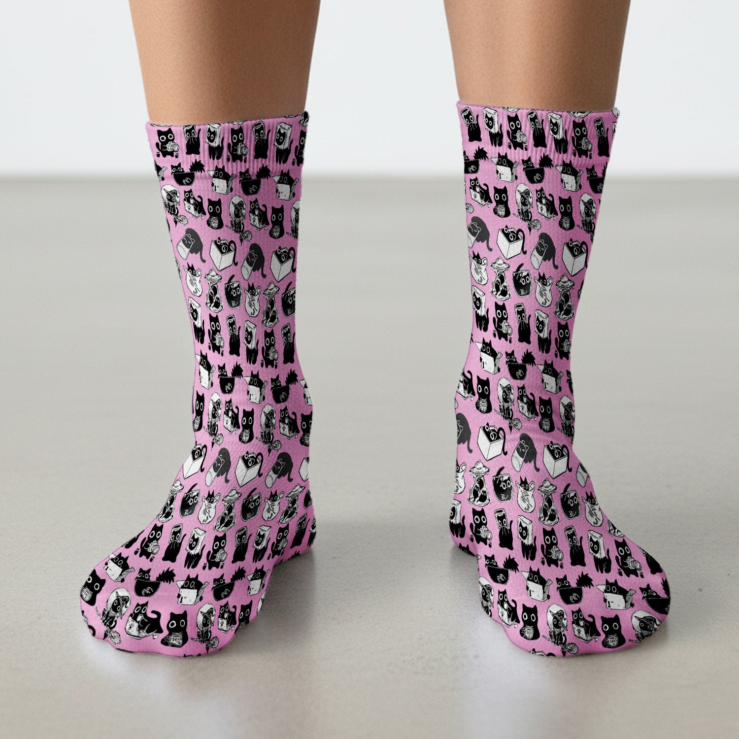 Black Cat Halloween Doodle Pattern Socks, Adult Socks for Men and Women