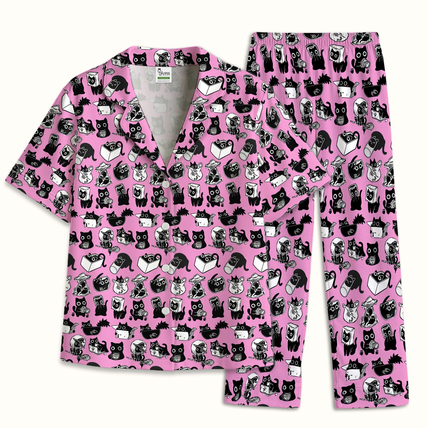 Black Cat Halloween Doodle Pattern Pajama Set, Soft Breathable Fabric Comfortable Sleepwear