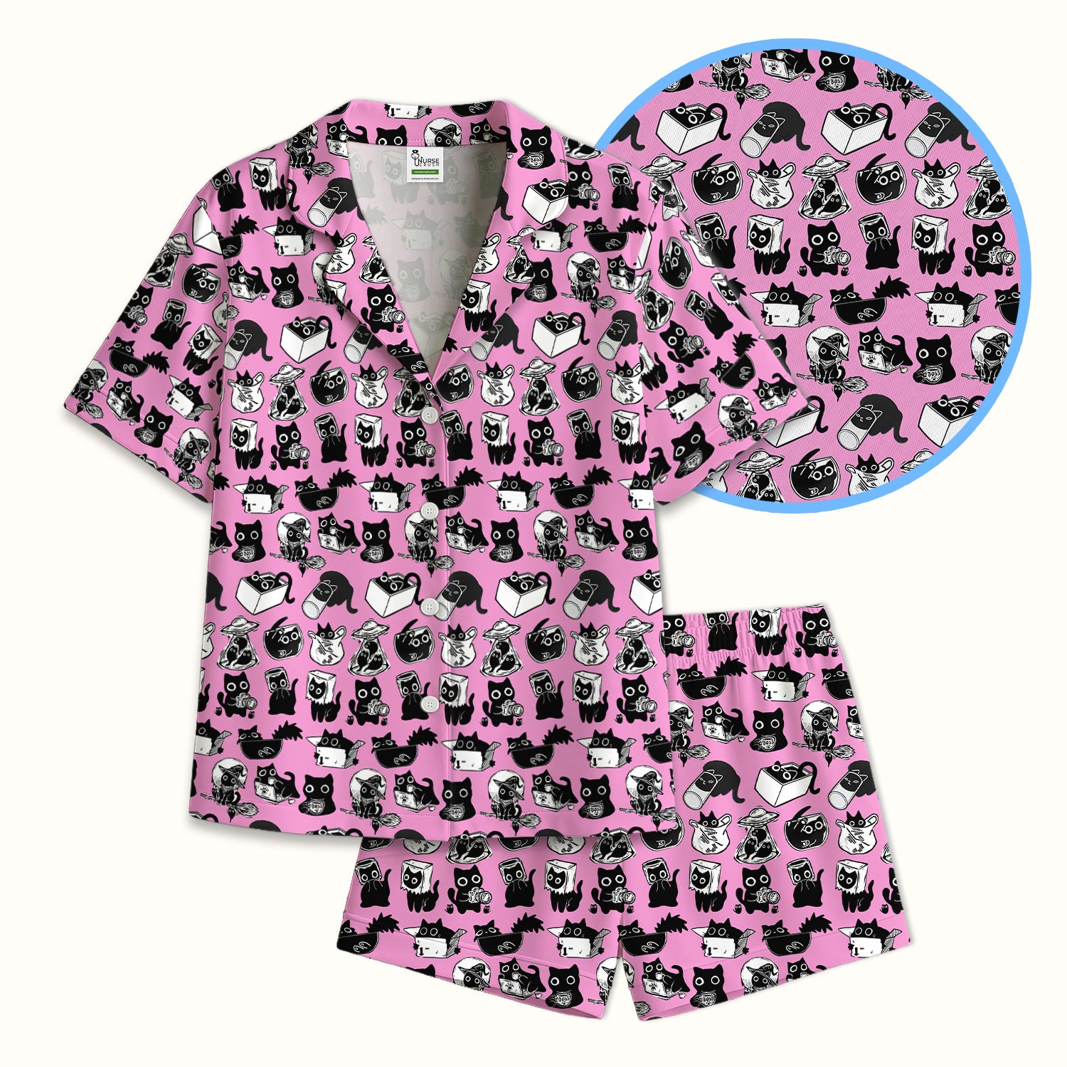 Black Cat Halloween Doodle Pattern Pajama Set, Soft Breathable Fabric Comfortable Sleepwear