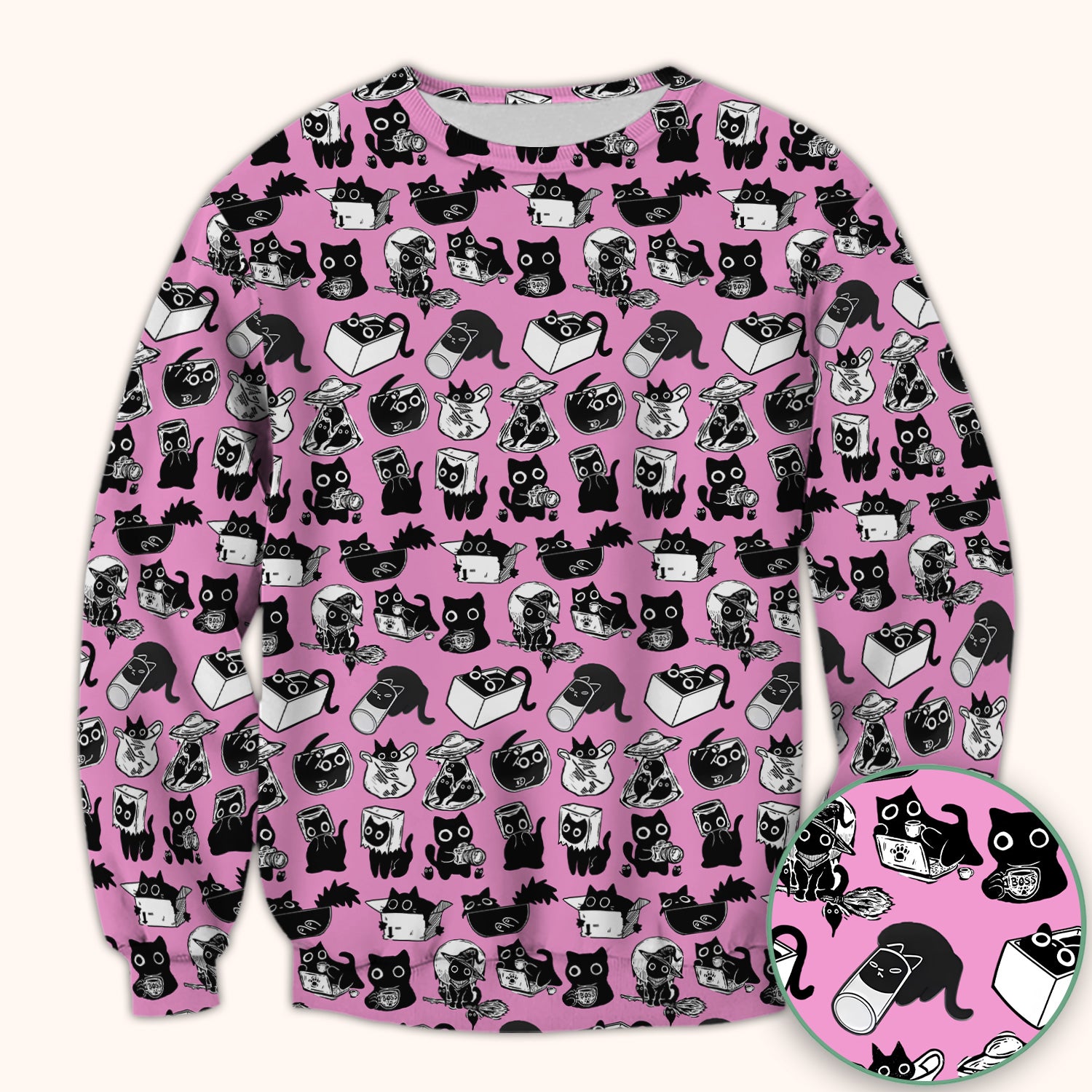 Black Cat Halloween Doodle Pattern Scrub Top, Comfortable Scrubs for Nurses