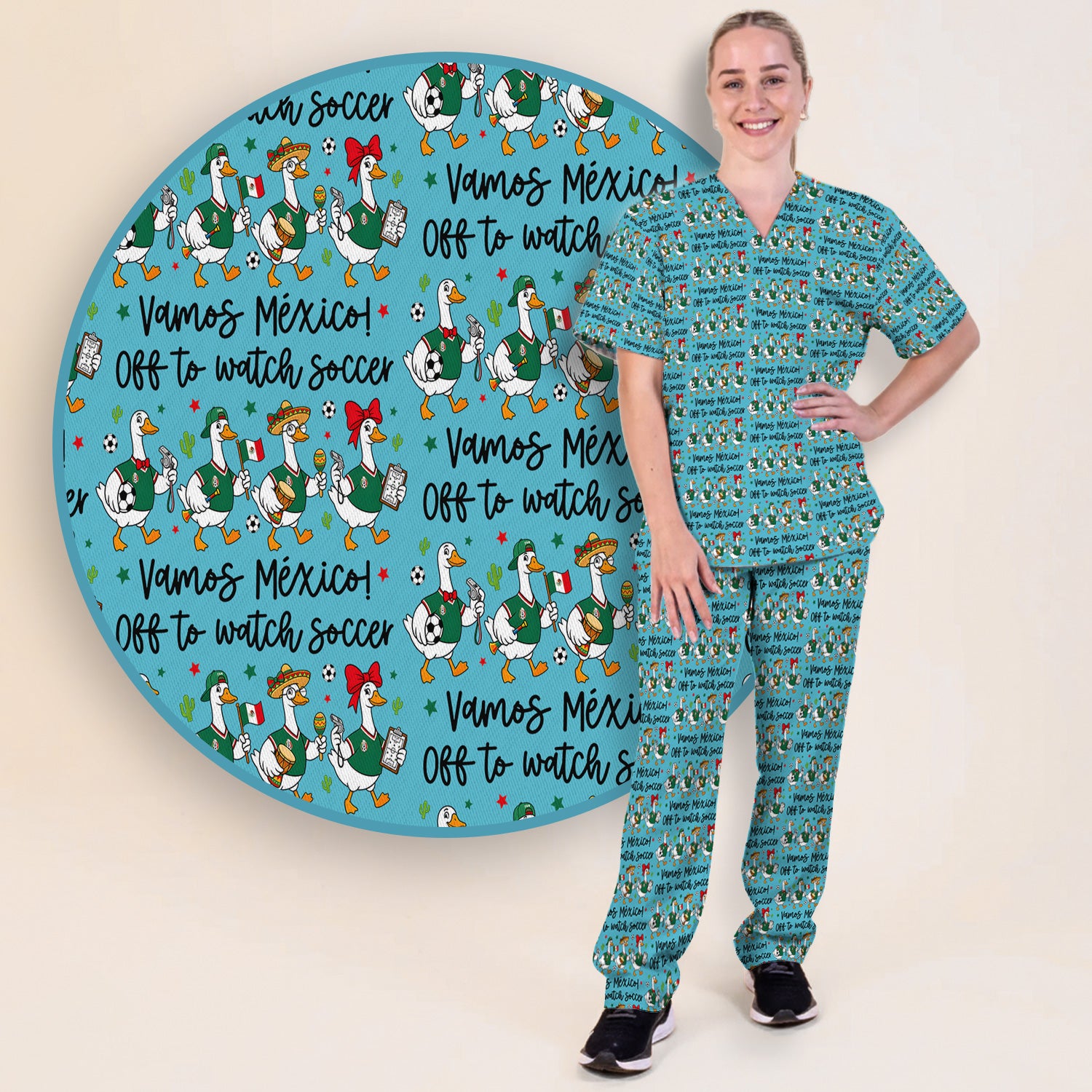 Funny Mexico Soccer Goose Print Scrub Set, Scrub Pants and V Neck Top