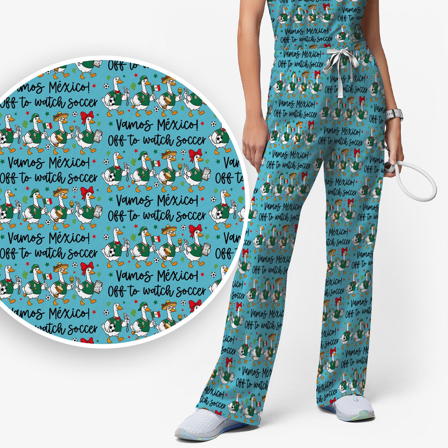 Funny Mexico Soccer Goose Print Scrub Set, Scrub Pants and V Neck Top
