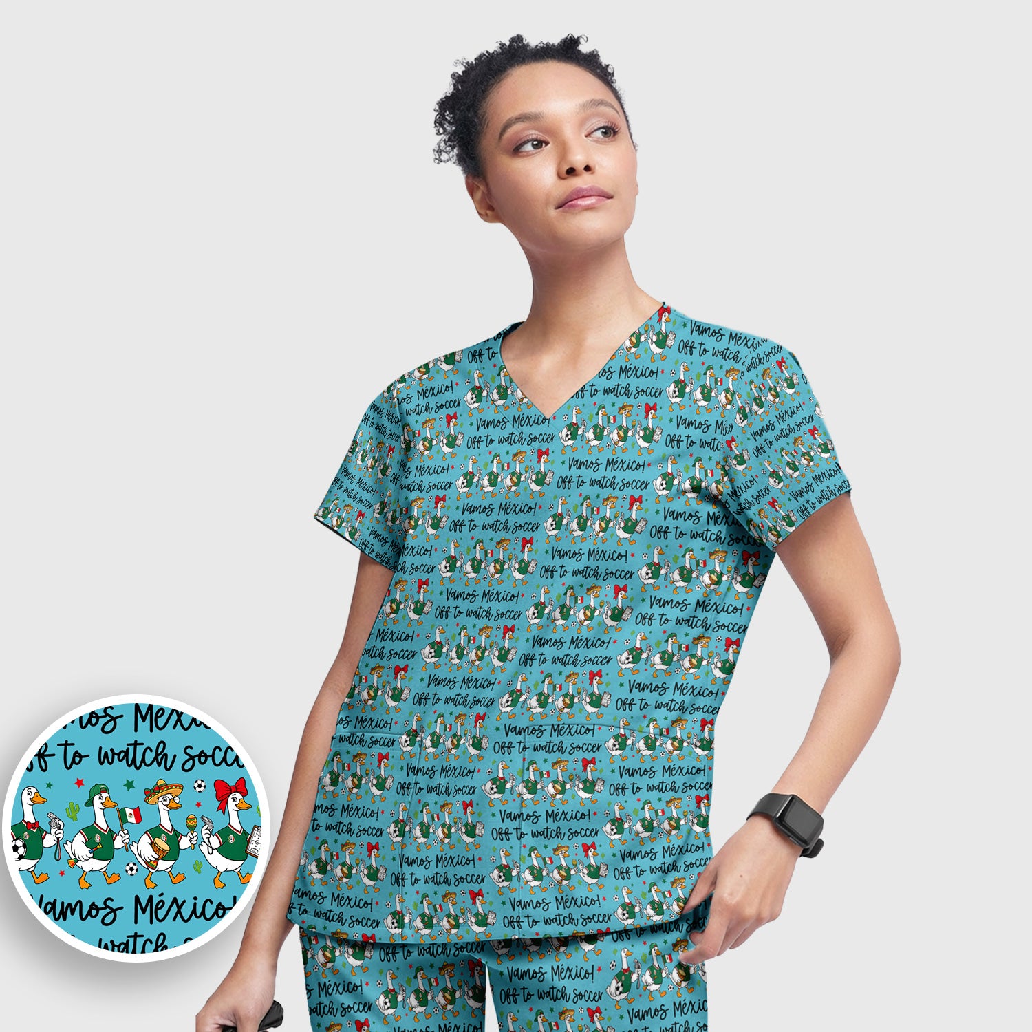 Funny Mexico Soccer Goose Print Scrub Set, Scrub Pants and V Neck Top