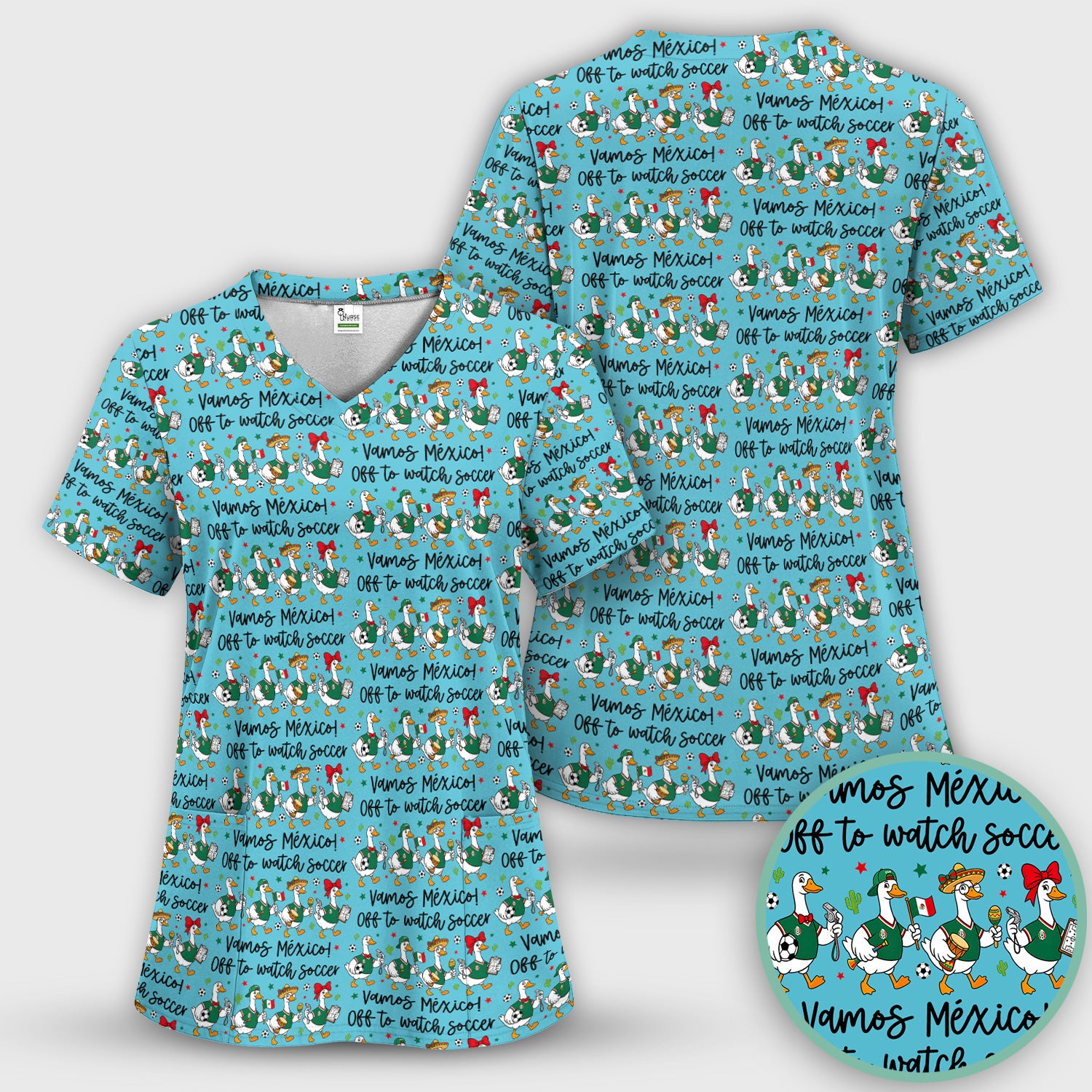 Funny Mexico Soccer Goose Print Scrub Set, Scrub Pants and V Neck Top