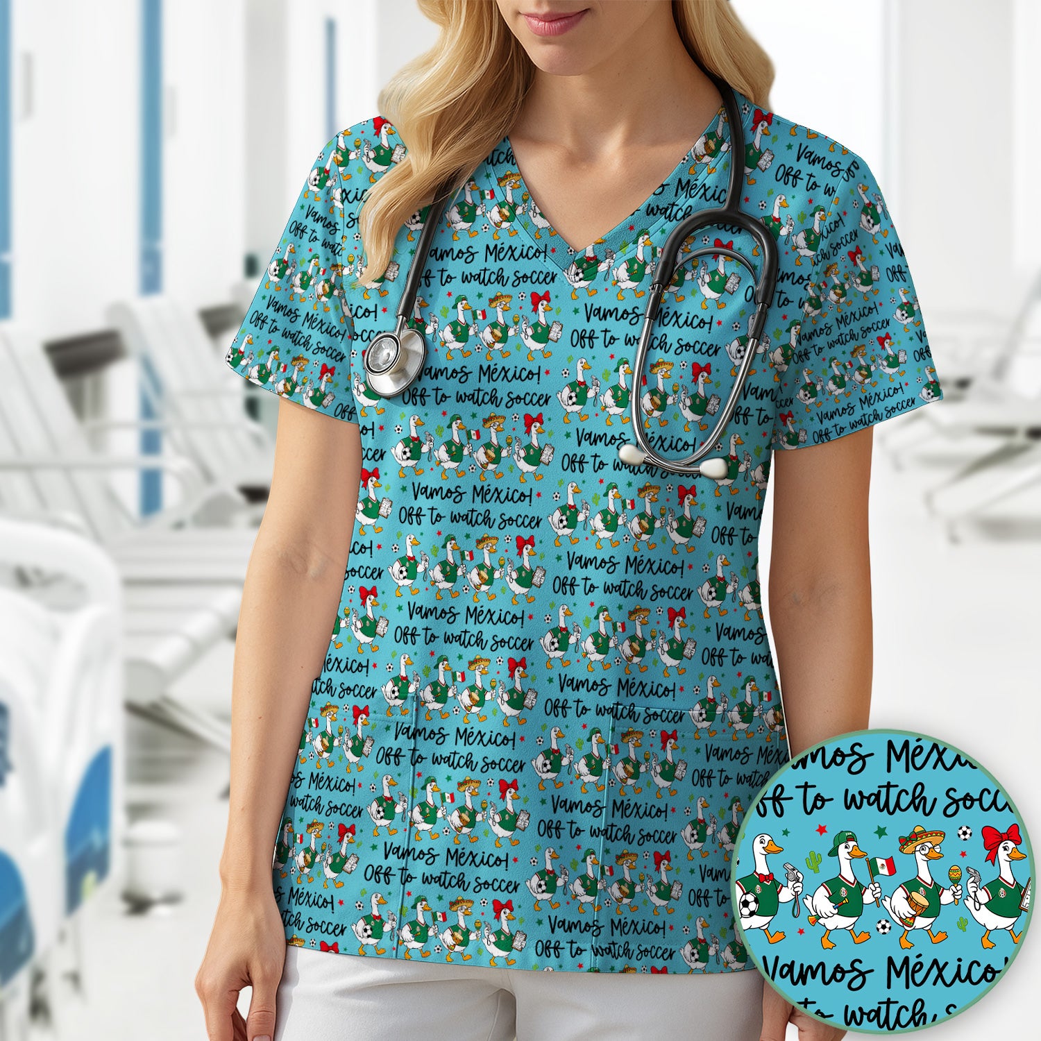 Funny Mexico Soccer Goose Print Scrub Top, Comfortable Scrubs for Nurses