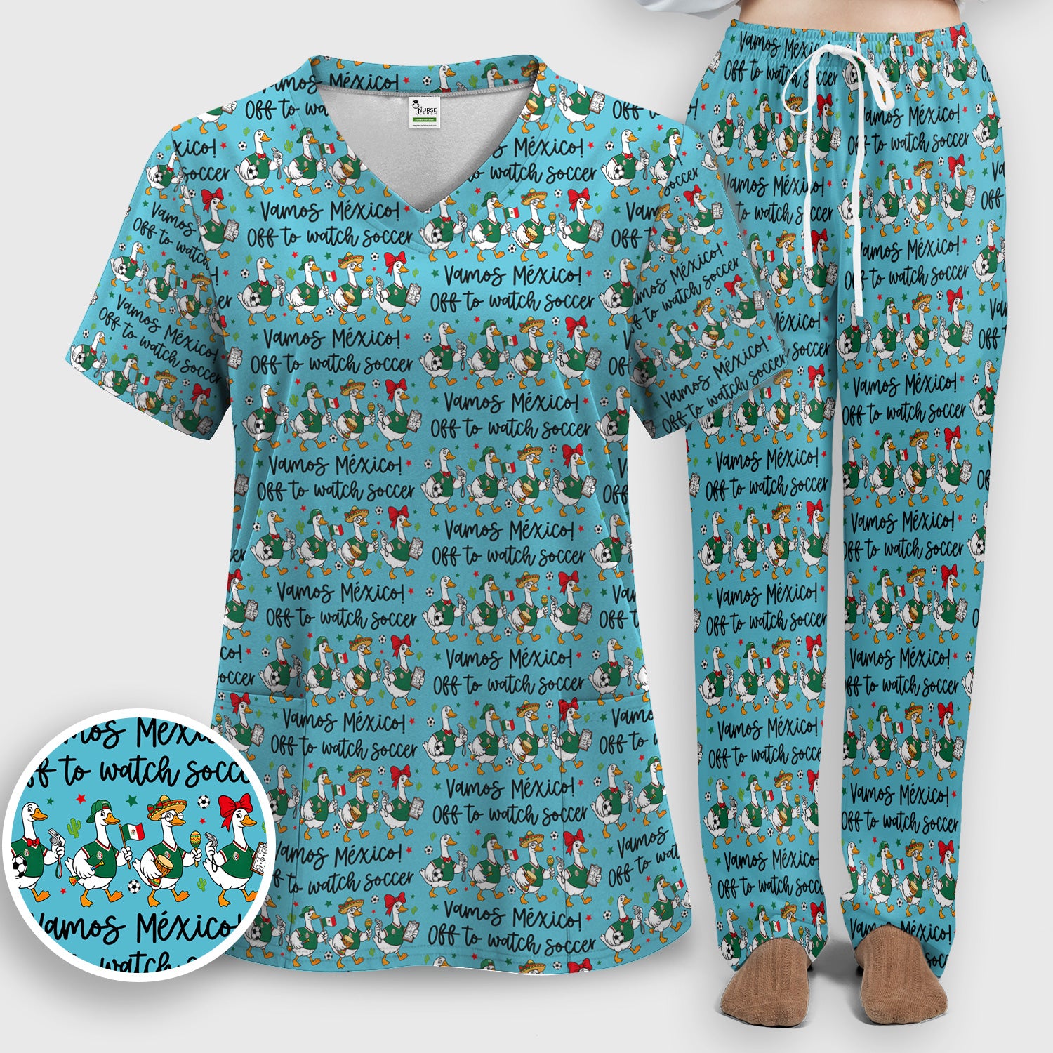 Funny Mexico Soccer Goose Print Scrub Set, Scrub Pants and V Neck Top