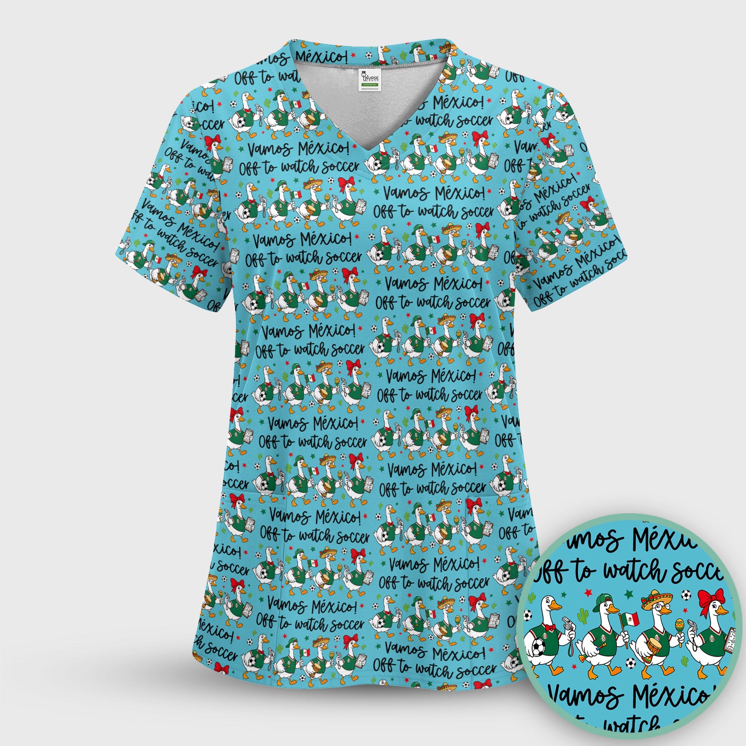 Funny Mexico Soccer Goose Print Scrub Set, Scrub Pants and V Neck Top