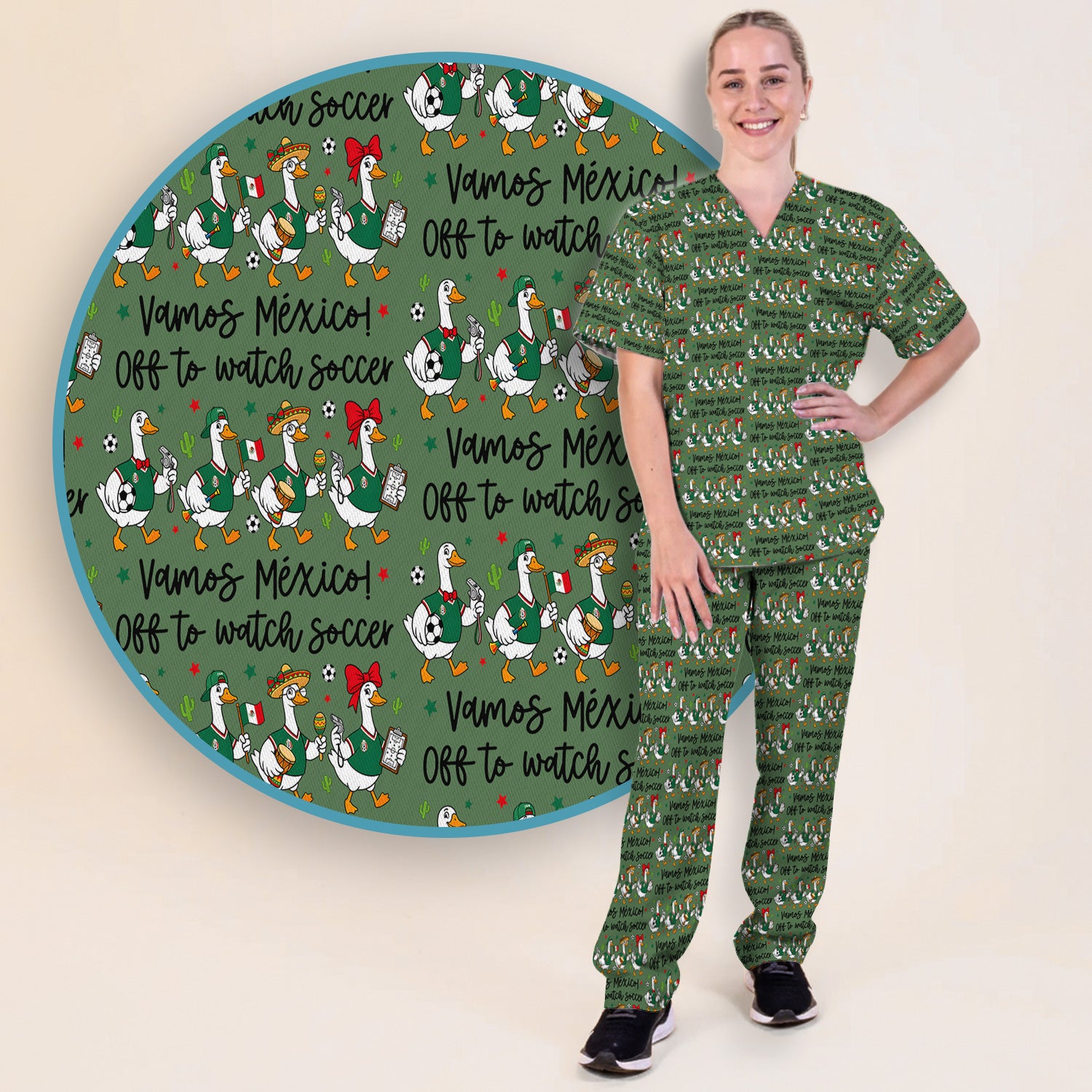 Funny Mexico Soccer Goose Print Scrub Set, Scrub Pants and V Neck Top