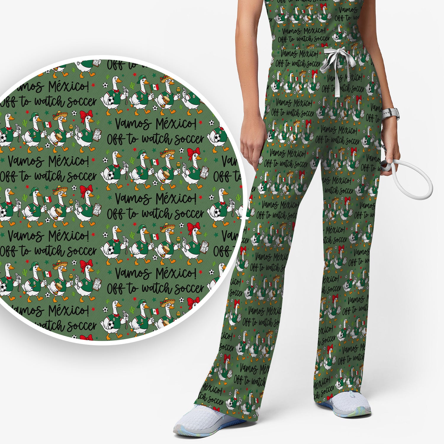 Funny Mexico Soccer Goose Print Scrub Set, Scrub Pants and V Neck Top