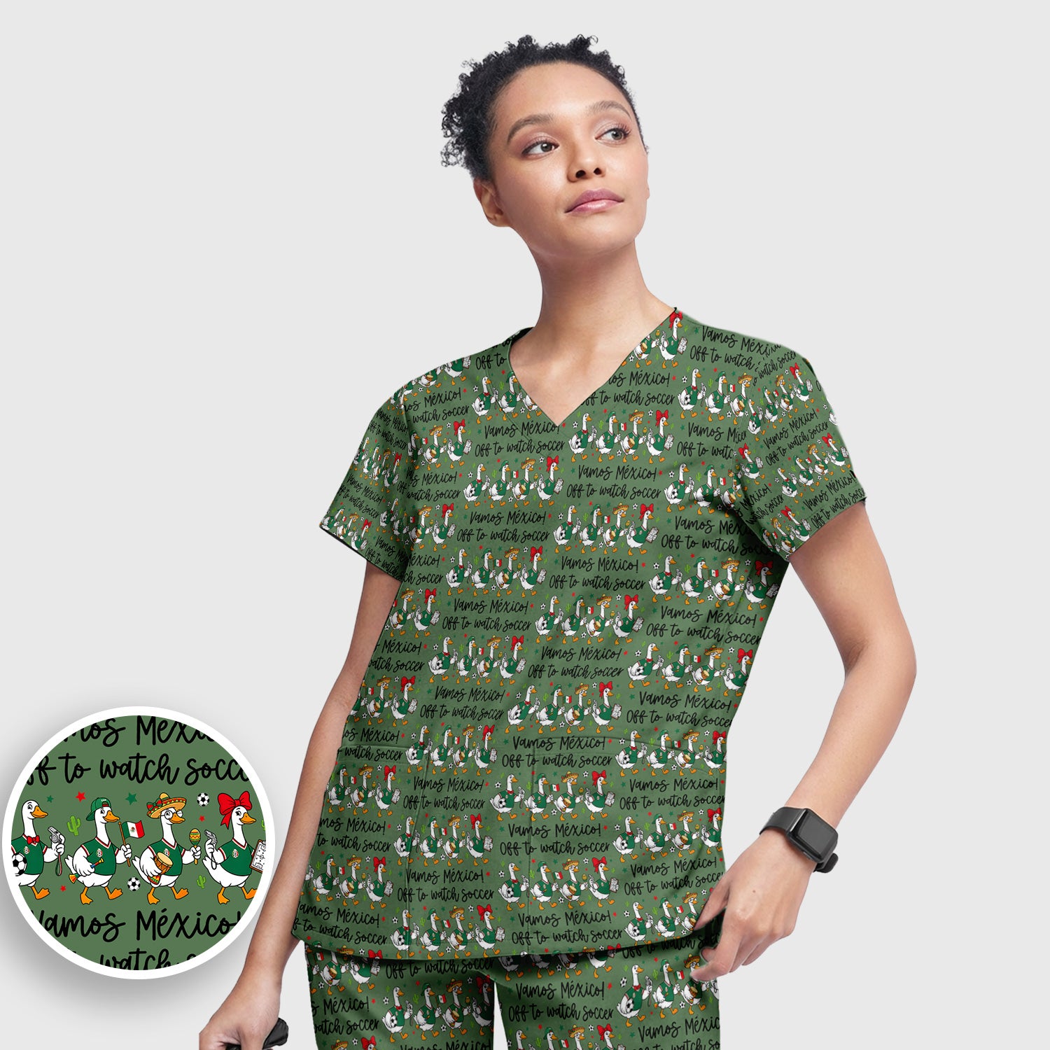 Funny Mexico Soccer Goose Print Scrub Set, Scrub Pants and V Neck Top