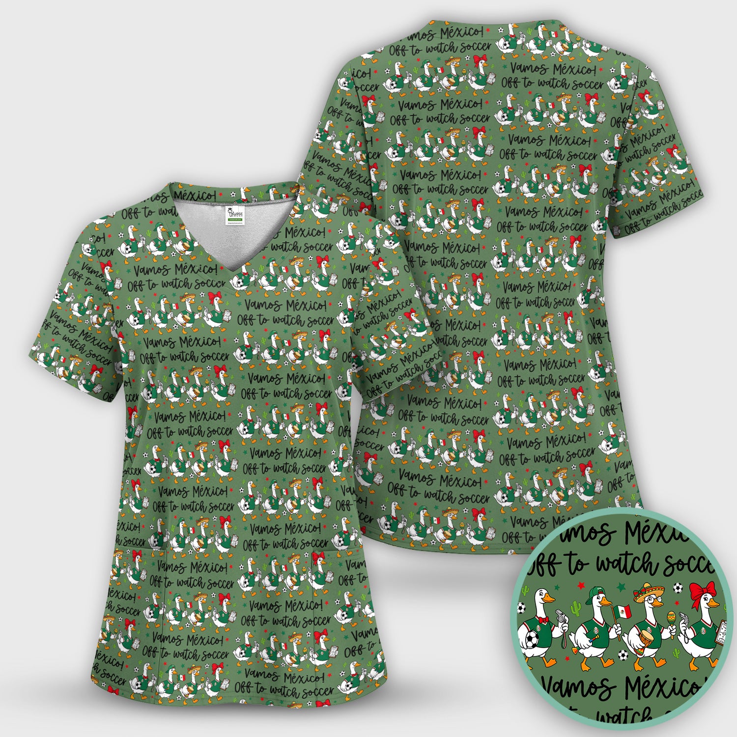 Funny Mexico Soccer Goose Print Scrub Set, Scrub Pants and V Neck Top