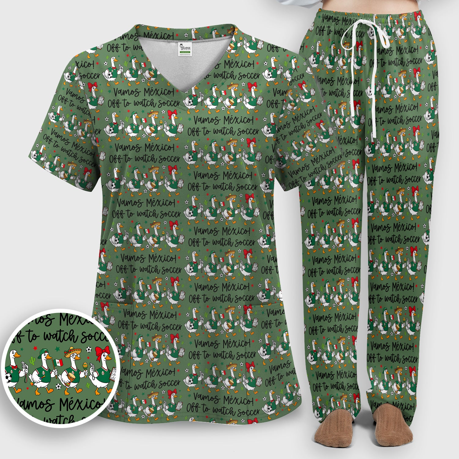 Funny Mexico Soccer Goose Print Scrub Set, Scrub Pants and V Neck Top