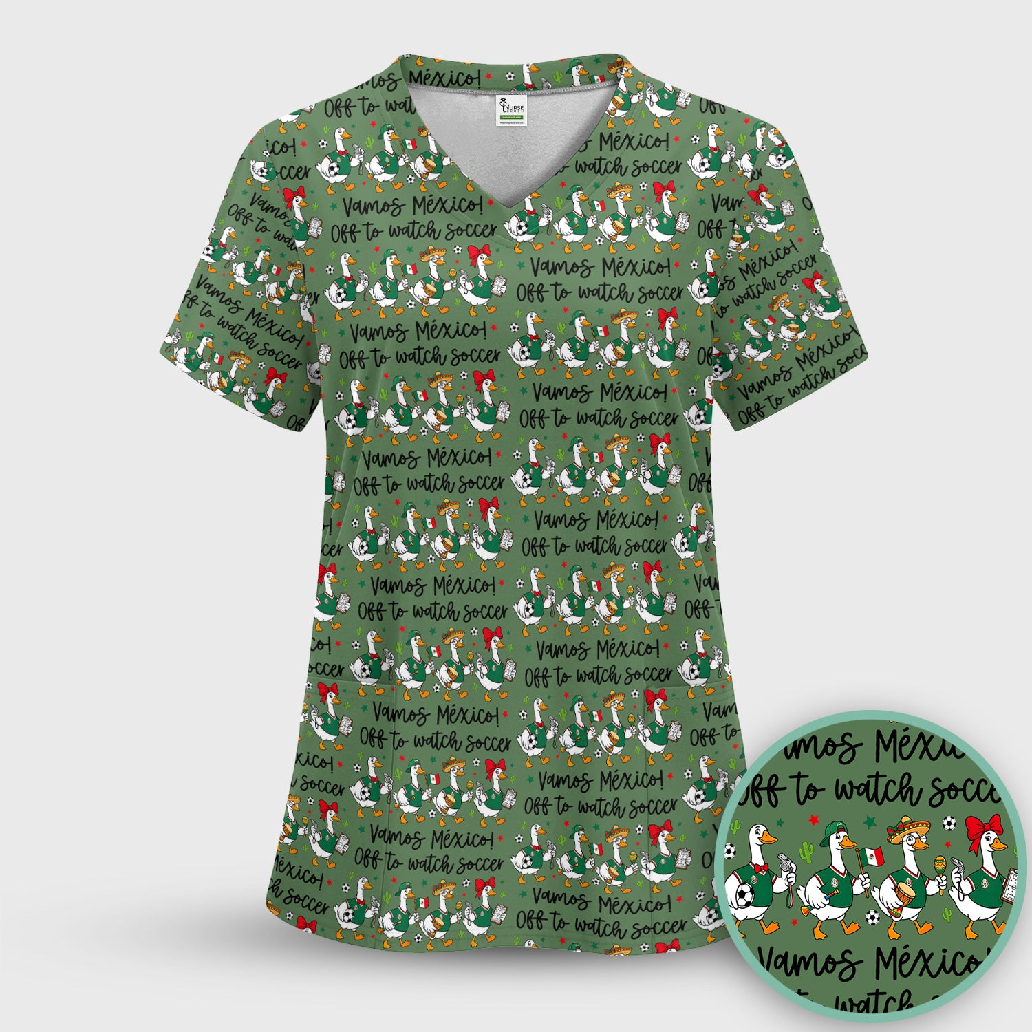 Funny Mexico Soccer Goose Print Scrub Set, Scrub Pants and V Neck Top