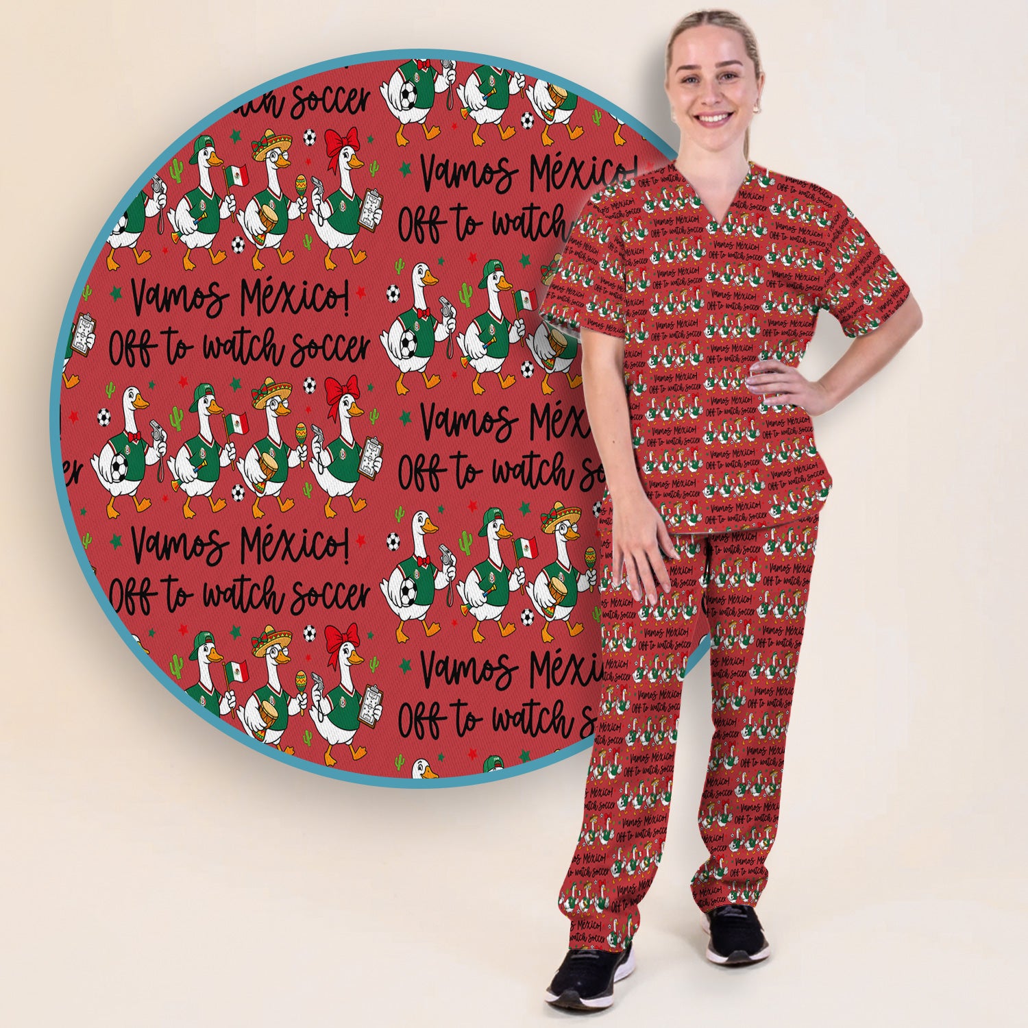 Funny Mexico Soccer Goose Print Scrub Set, Scrub Pants and V Neck Top