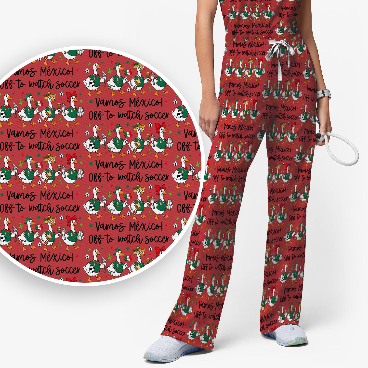 Funny Mexico Soccer Goose Print Scrub Set, Scrub Pants and V Neck Top
