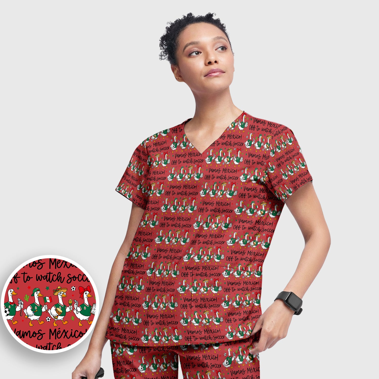 Funny Mexico Soccer Goose Print Scrub Set, Scrub Pants and V Neck Top