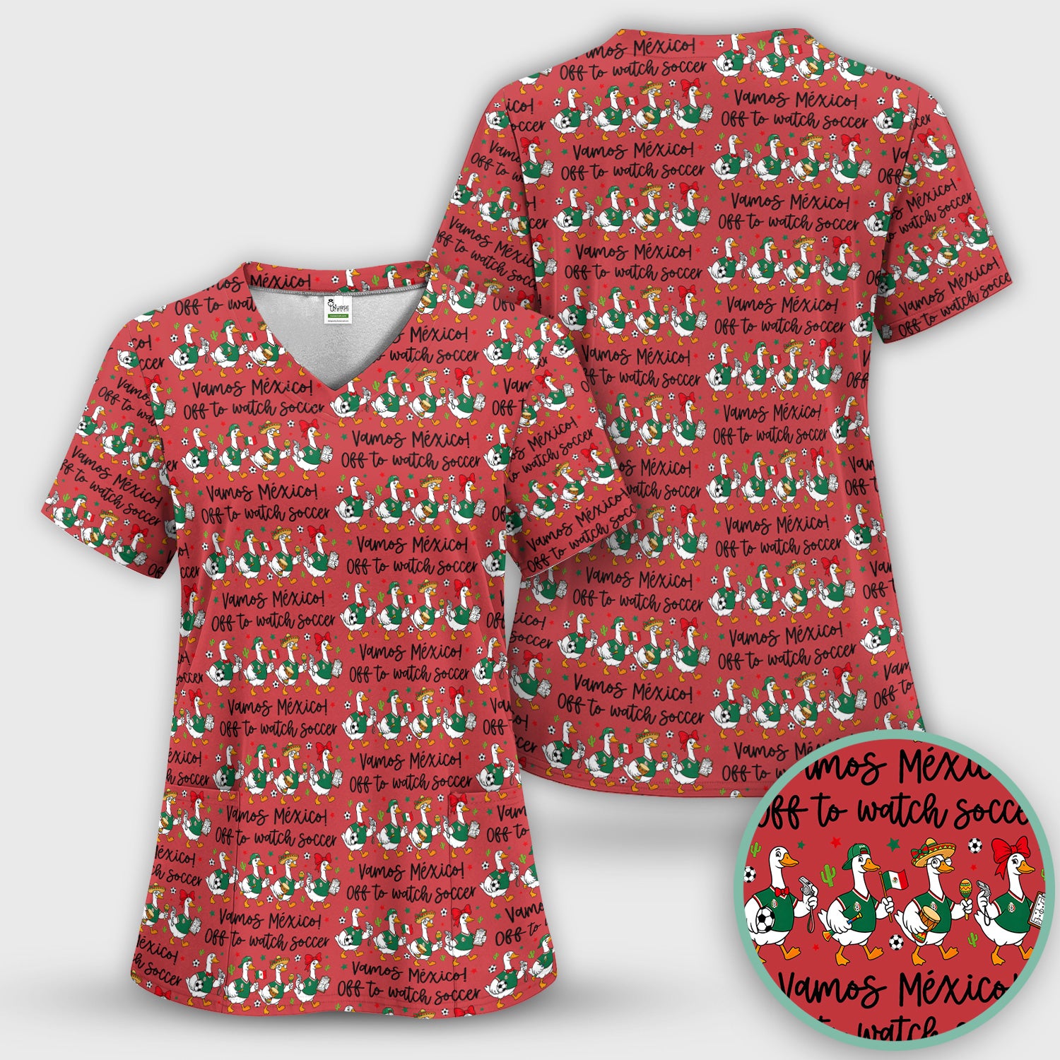 Funny Mexico Soccer Goose Print Scrub Set, Scrub Pants and V Neck Top