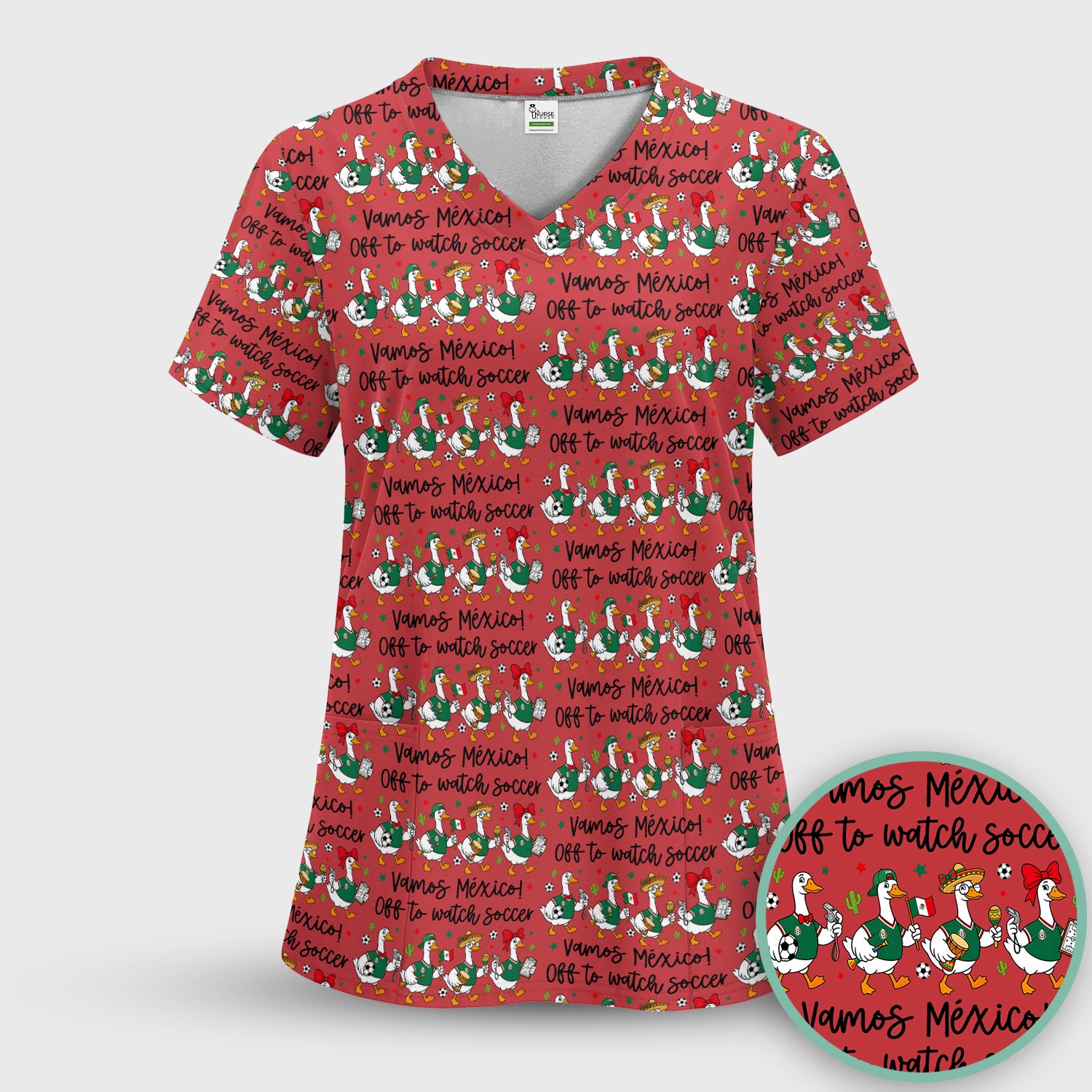 Funny Mexico Soccer Goose Print Scrub Set, Scrub Pants and V Neck Top