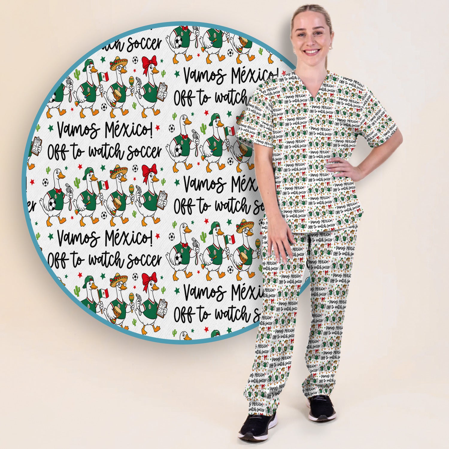 Funny Mexico Soccer Goose Print Scrub Set, Scrub Pants and V Neck Top