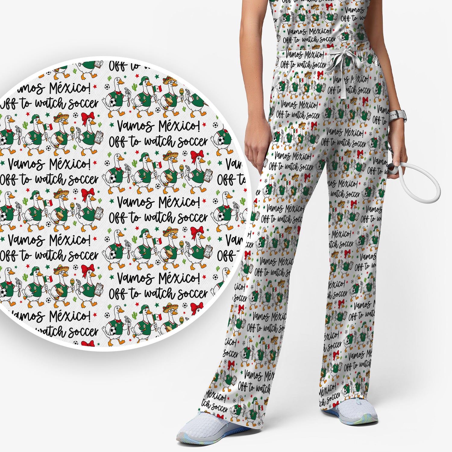 Funny Mexico Soccer Goose Print Scrub Set, Scrub Pants and V Neck Top