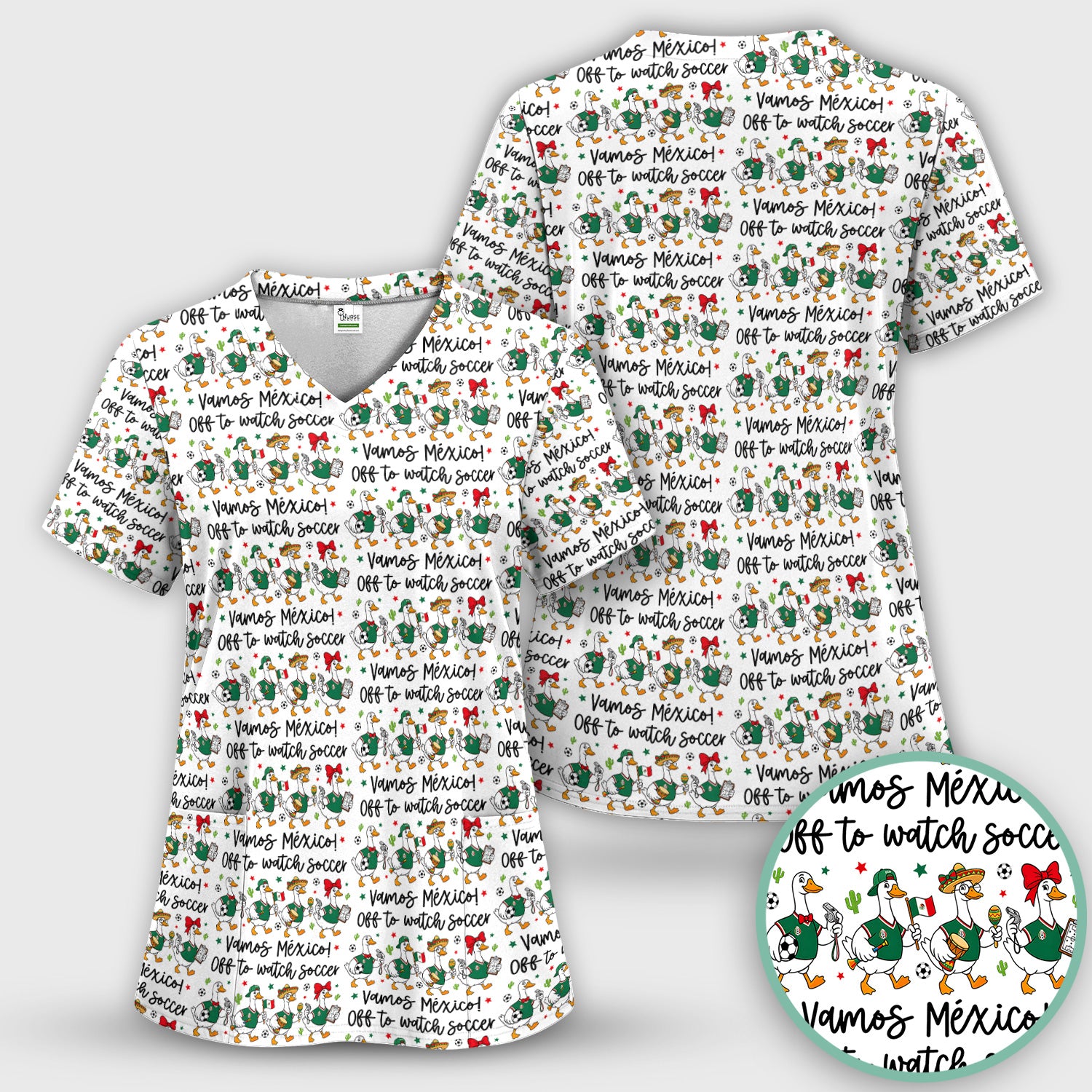 Funny Mexico Soccer Goose Print Scrub Set, Scrub Pants and V Neck Top