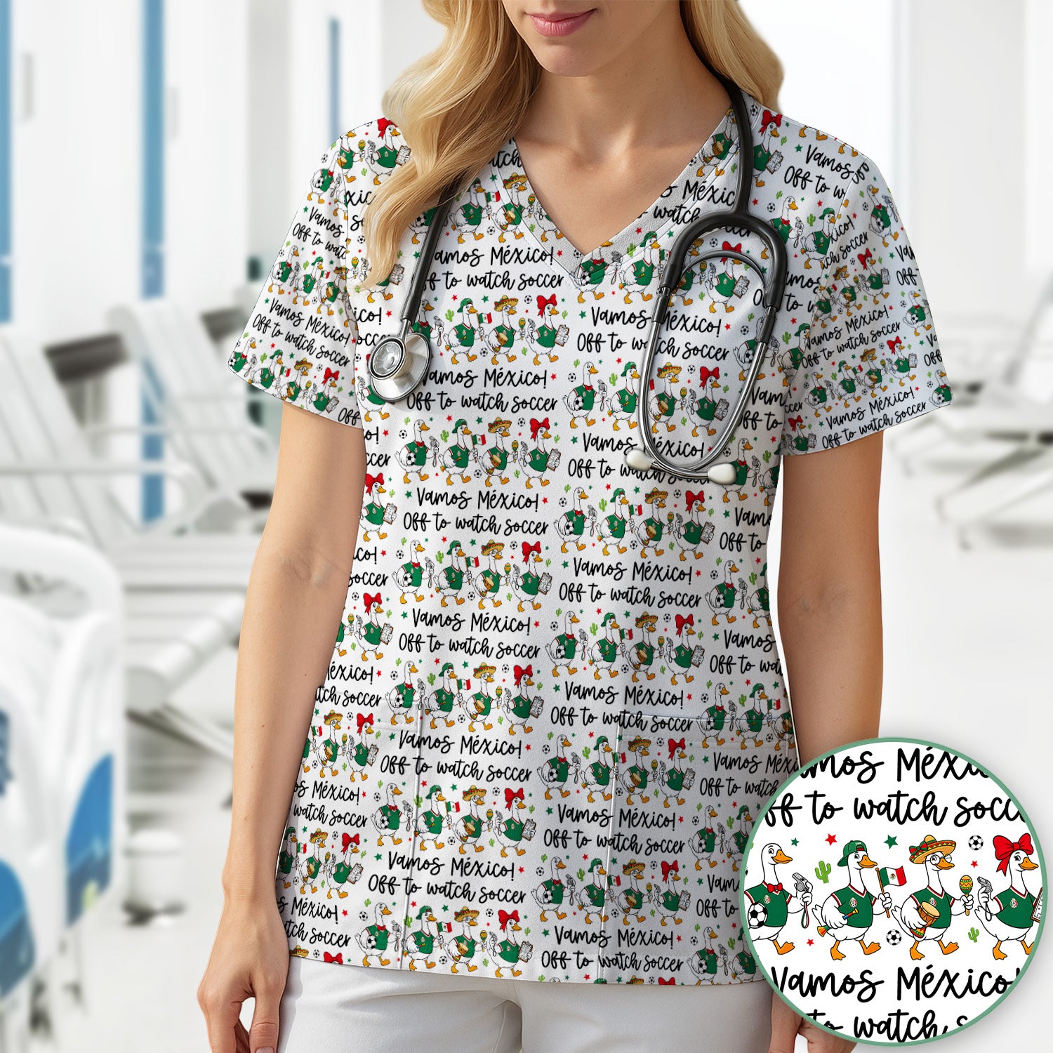 Funny Mexico Soccer Goose Print Scrub Top, Comfortable Scrubs for Nurses