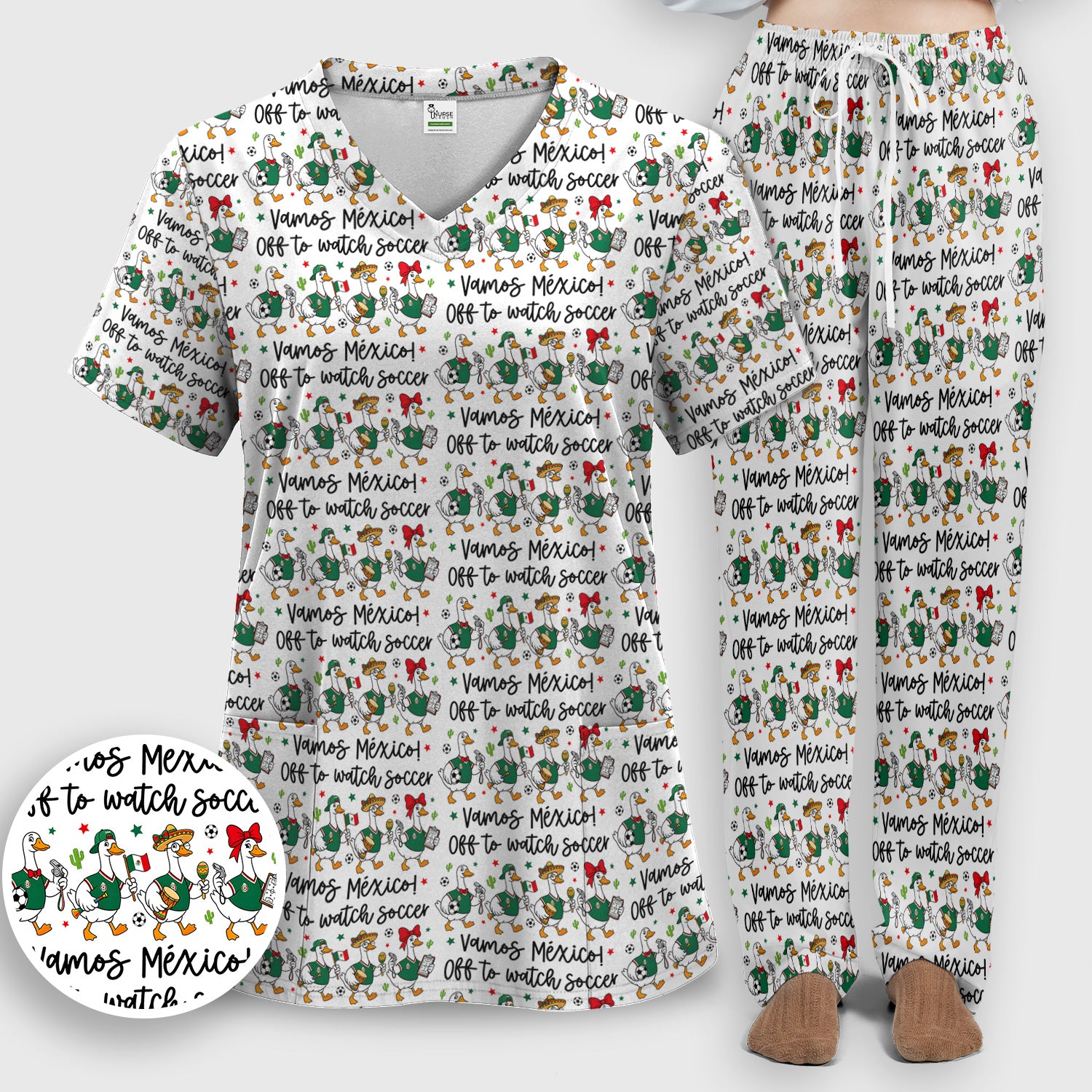 Funny Mexico Soccer Goose Print Scrub Set, Scrub Pants and V Neck Top