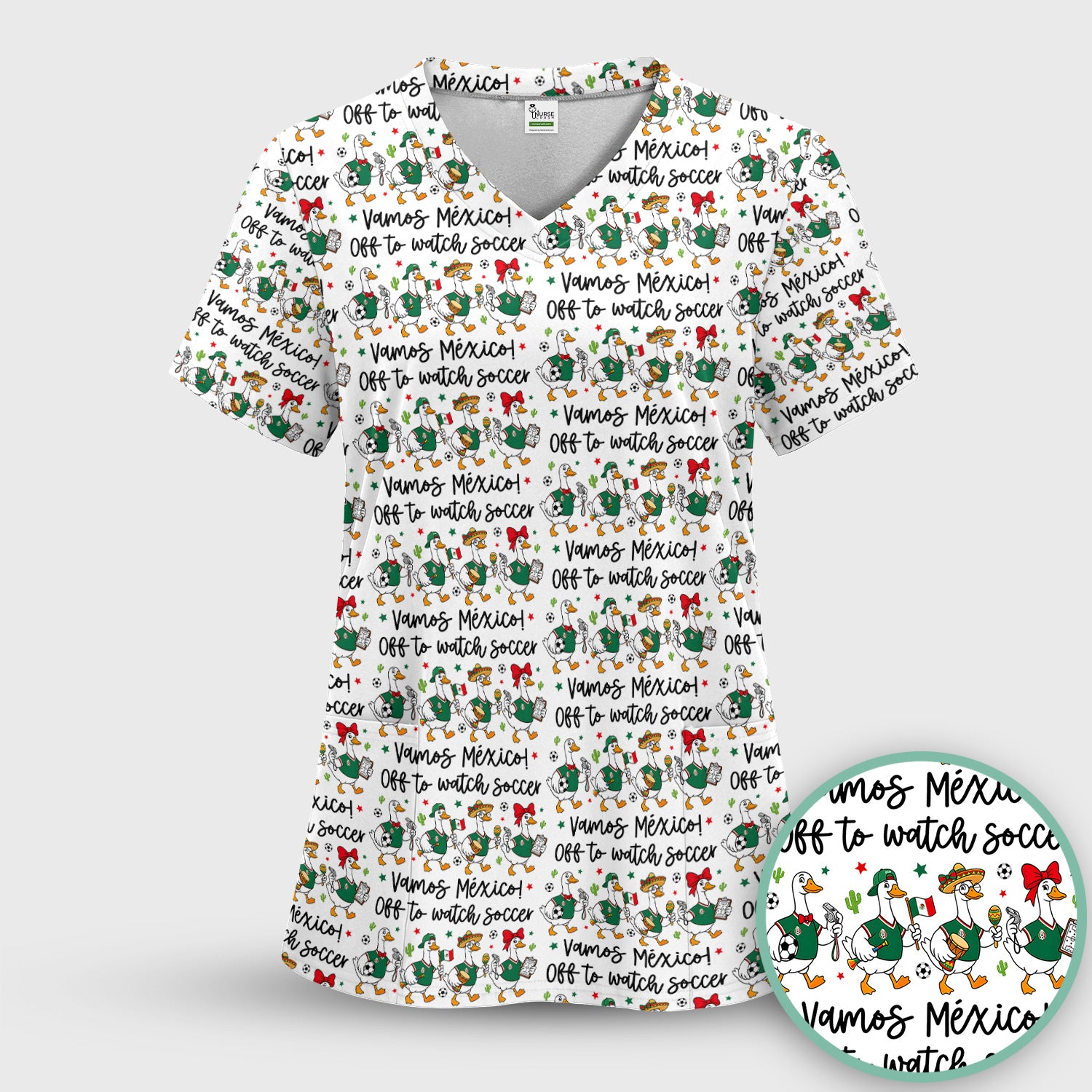 Funny Mexico Soccer Goose Print Scrub Set, Scrub Pants and V Neck Top