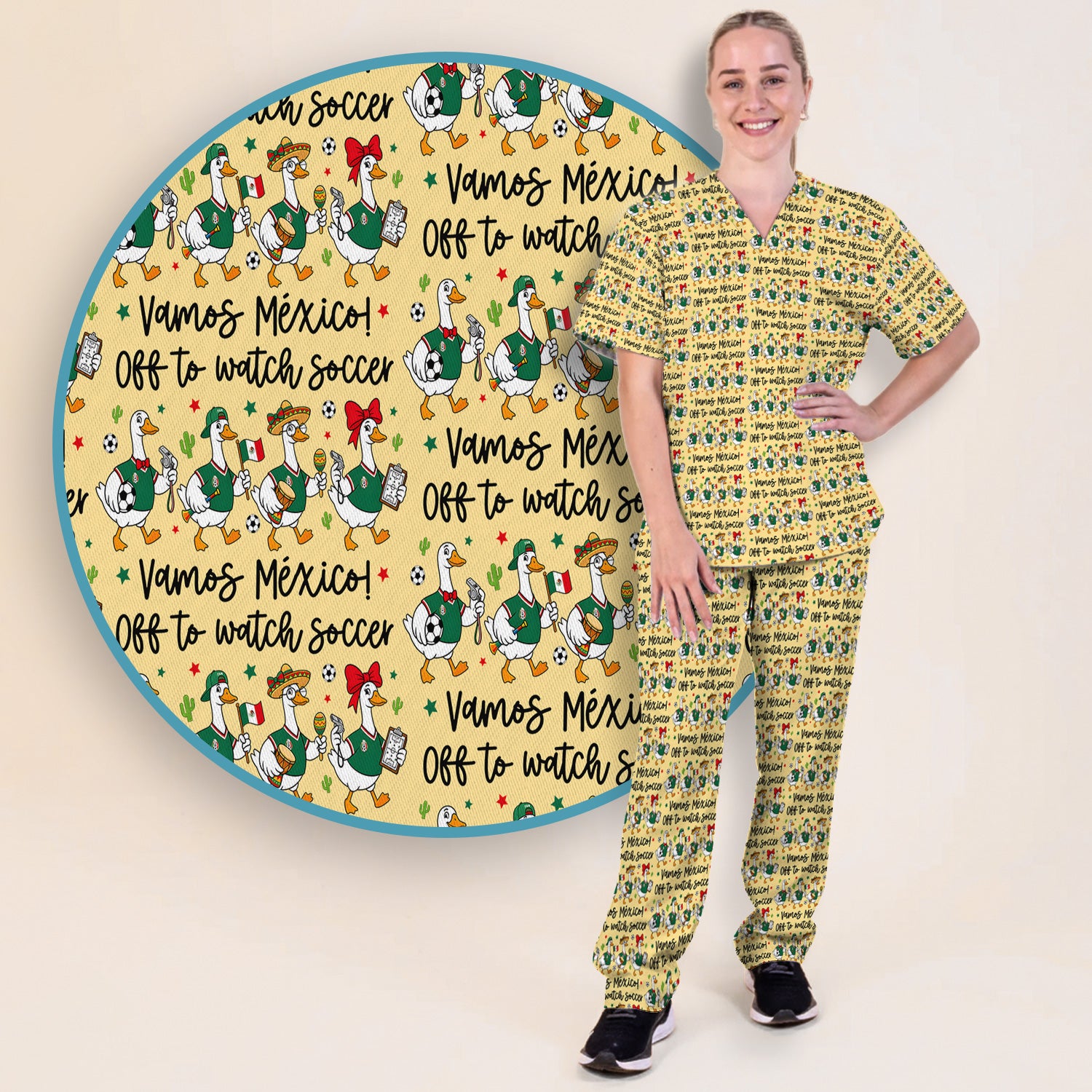 Funny Mexico Soccer Goose Print Scrub Set, Scrub Pants and V Neck Top