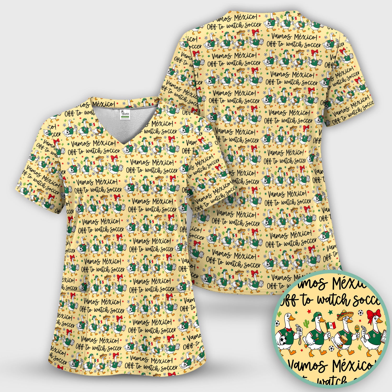 Funny Mexico Soccer Goose Print Scrub Set, Scrub Pants and V Neck Top
