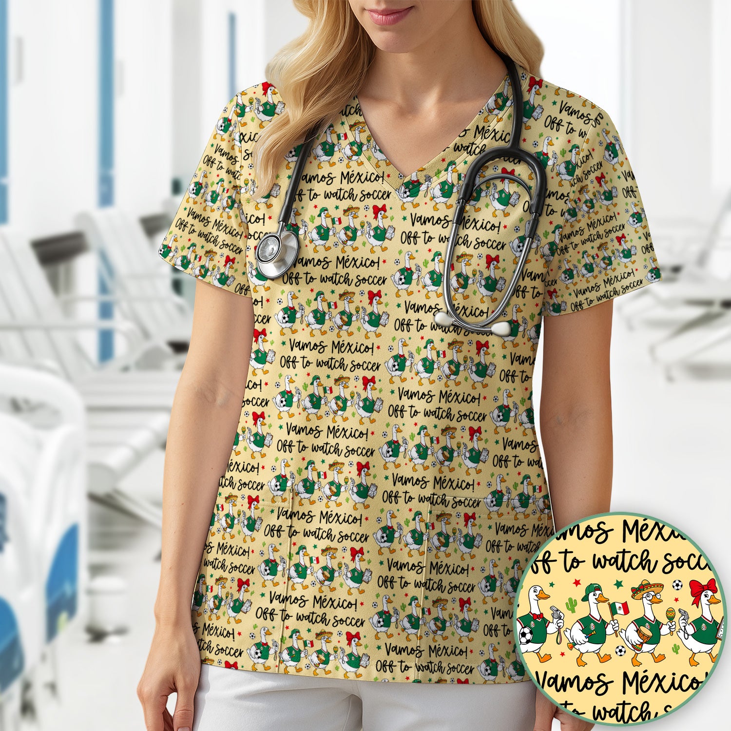 Funny Mexico Soccer Goose Print Scrub Top, Comfortable Scrubs for Nurses