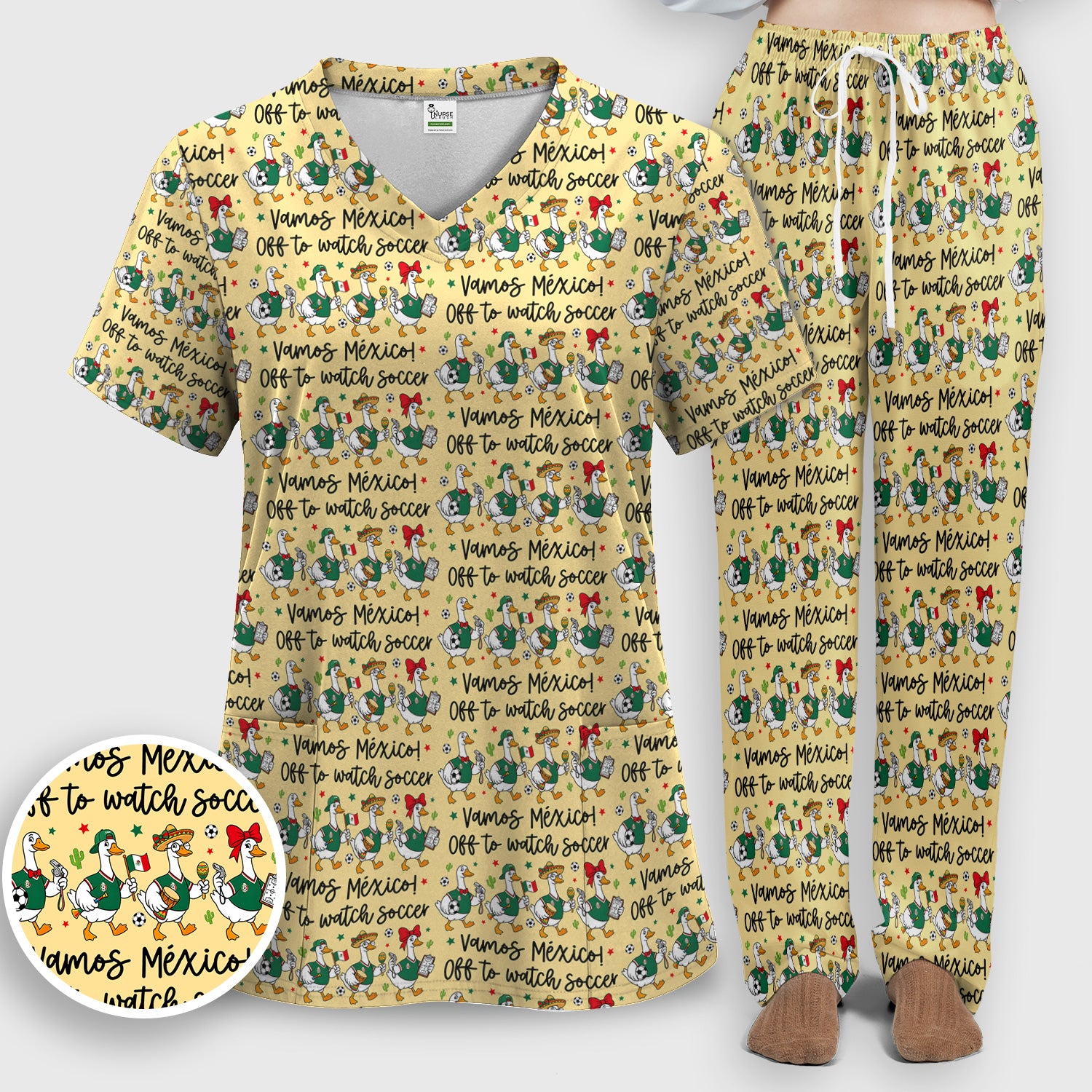 Funny Mexico Soccer Goose Print Scrub Set, Scrub Pants and V Neck Top